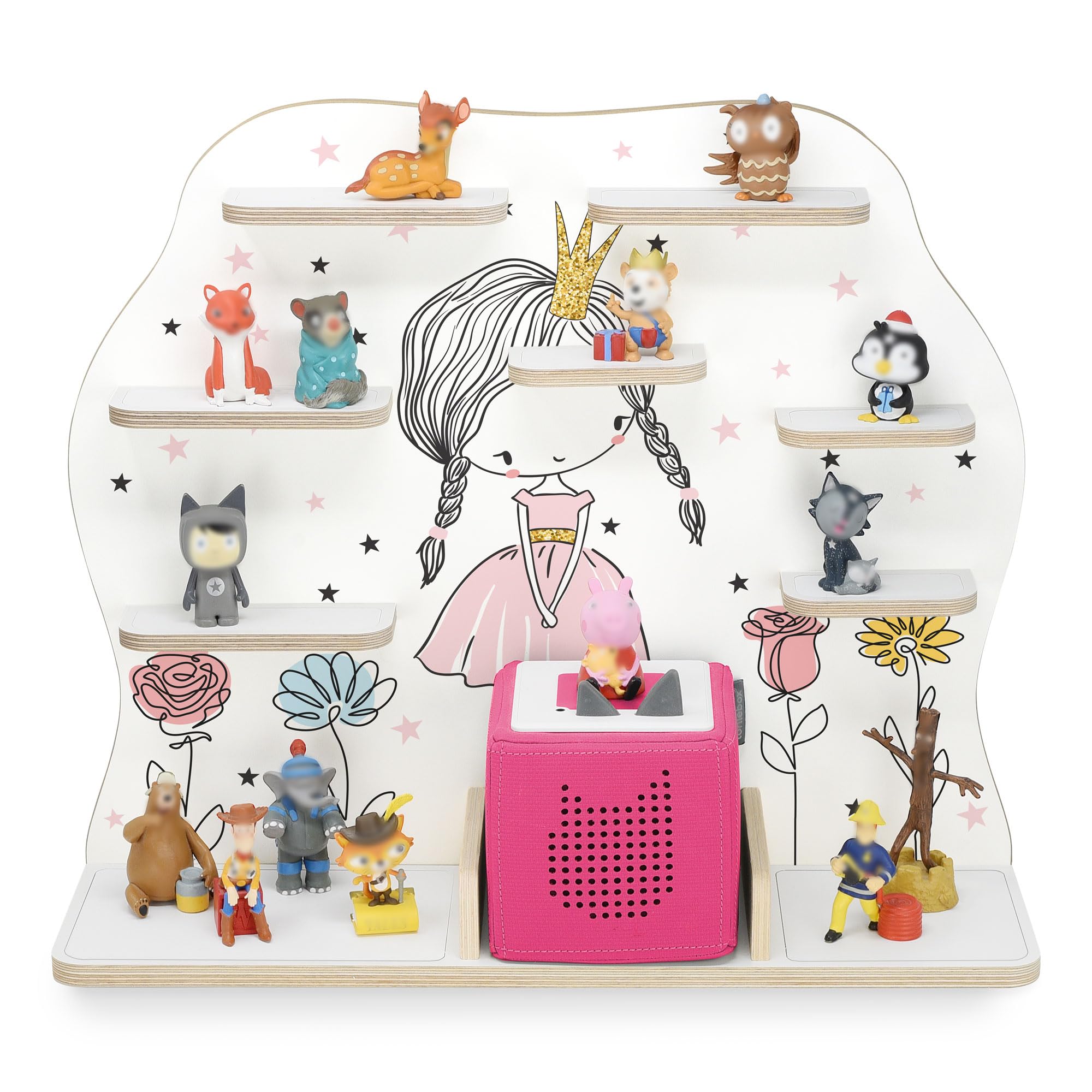 stadtecken Wooden Shelf for Music Box I Suitable for The Toniebox and ca. 50 Tonies I Perfect Storage in The Children's Room I for Setting up or Hanging (Large, Flower Princess)