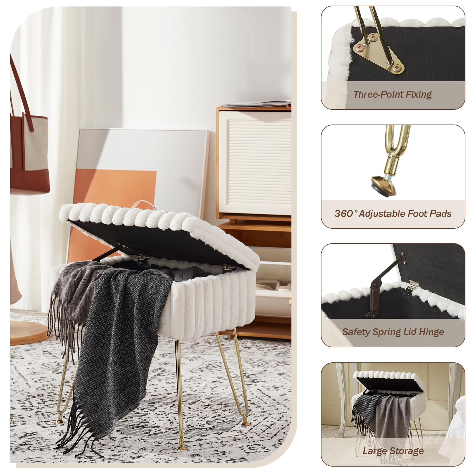 Taburete de tocador con almacenamiento, taburetes de piel sintética para maquillaje de tocador, taburete otomano con 4 patas de metal, sillas de asiento pequeñas para sala de estar 4