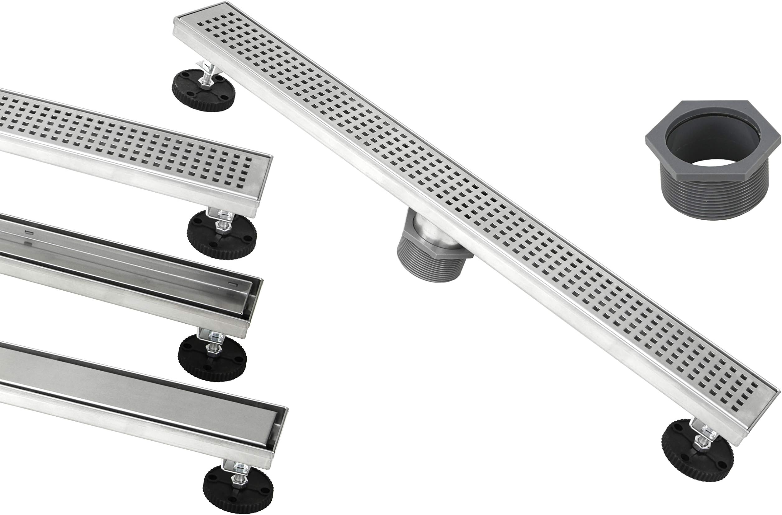 Shower Linear Drain 28 Inch – Square Checker Pattern Grate – Brushed 304 Stainless Steel – Bonus 2 IN 1 Reversible Tile Insert & Flat Grate and Threaded Adaptor – Adjustable Leveling Feet (28 Inch)