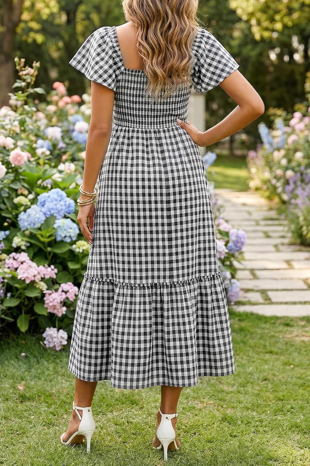 Women Summer Dresses - Plaid Smocked Square Neck Flutter Sleeve Casual Midi Flowy Dress Pockets 2026