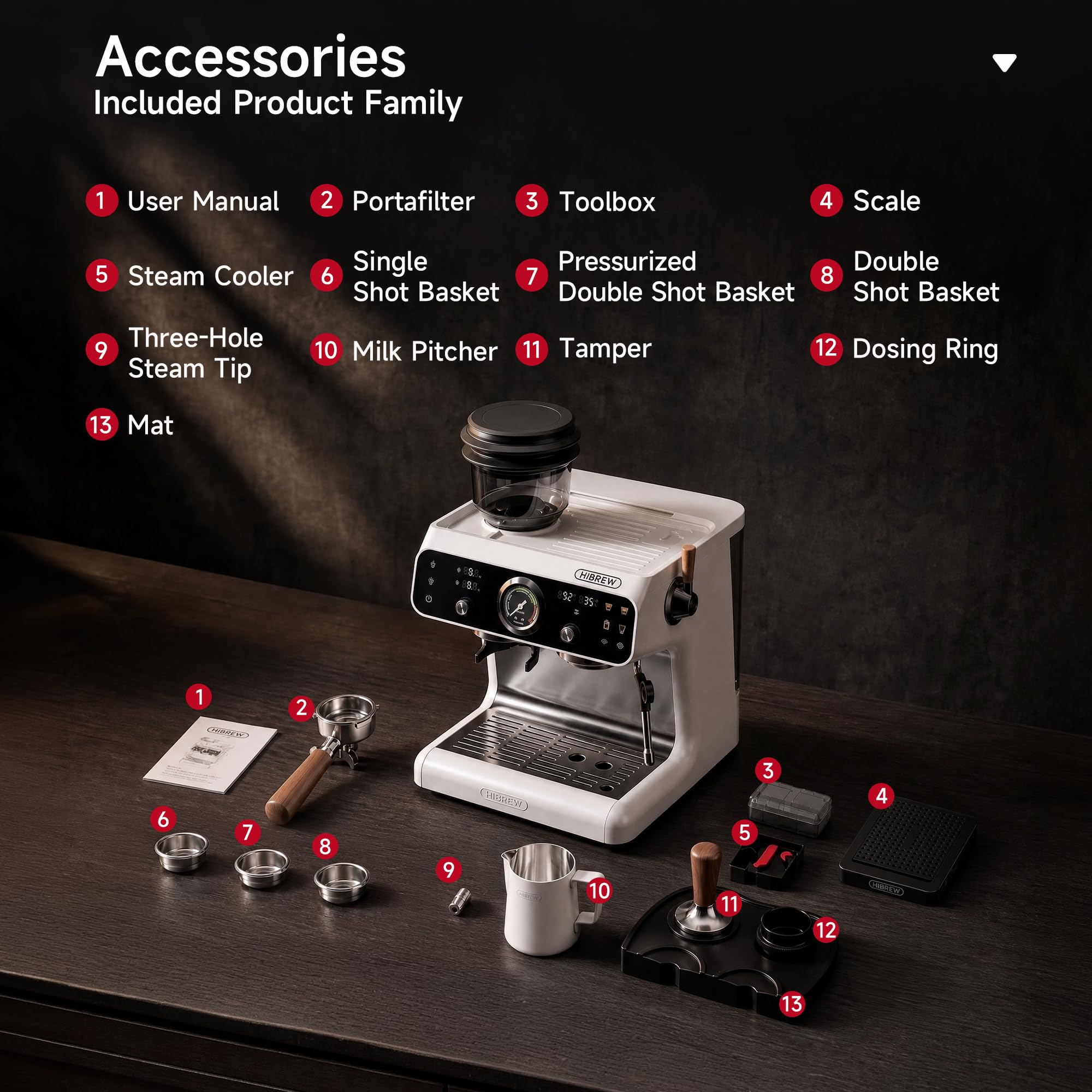 Hibrew H7B Espresso Machine with Built-in Grinder, 30-Position Conical Burr, Dual Heating System, PID Control, 58 mm Portafilter, 2800 W Steam Wand, 2,8 L Water Tank – Semi-Automatic Coffee Maker for