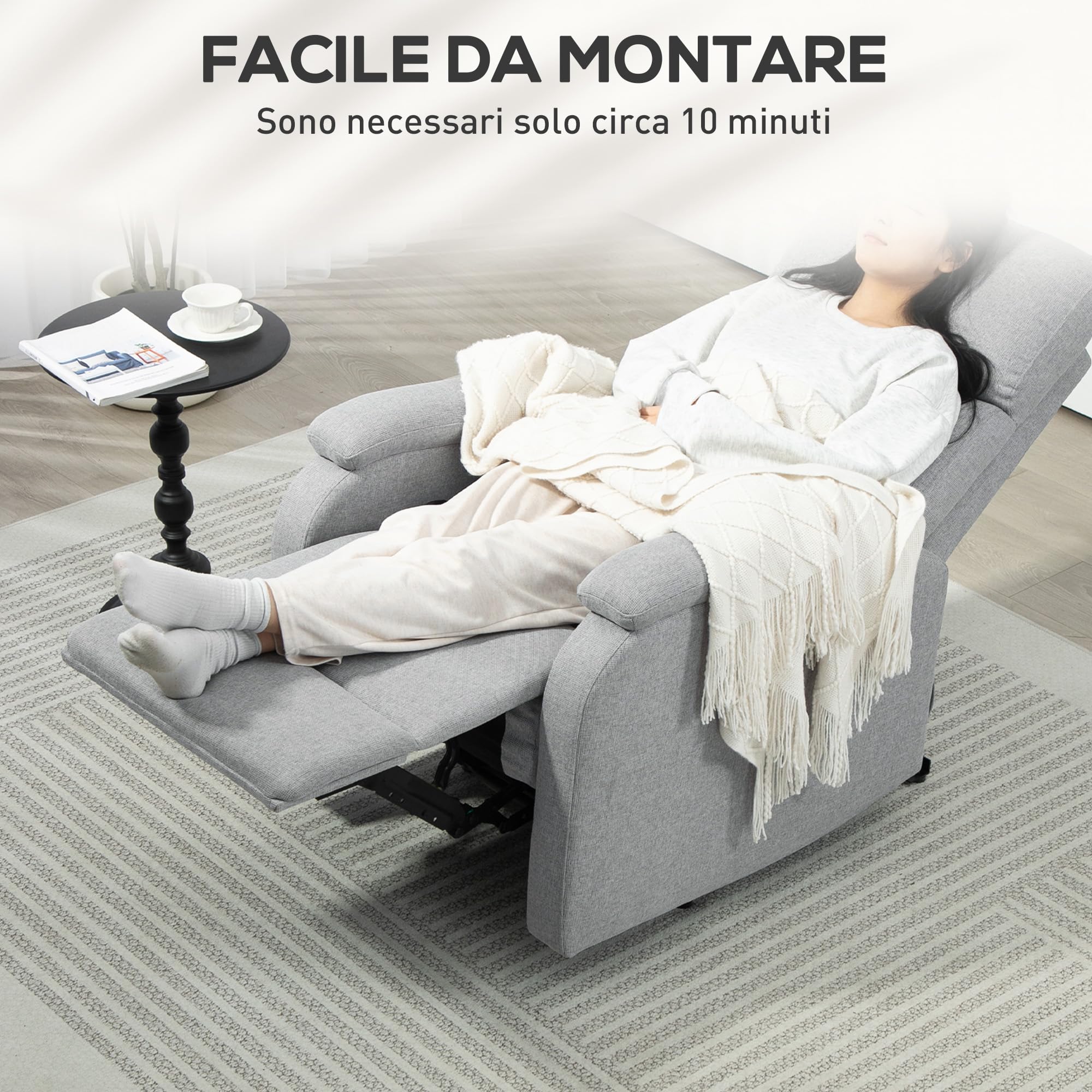 HOMCOM Poltrona Relax Reclinabile Manuale 60° con Poggiapiedi Grigio | Poltroncina Reclinabile , Schienale Imbottitura Spessa, in Tessuto, Camera da Letto, Salotto, Soggiorno