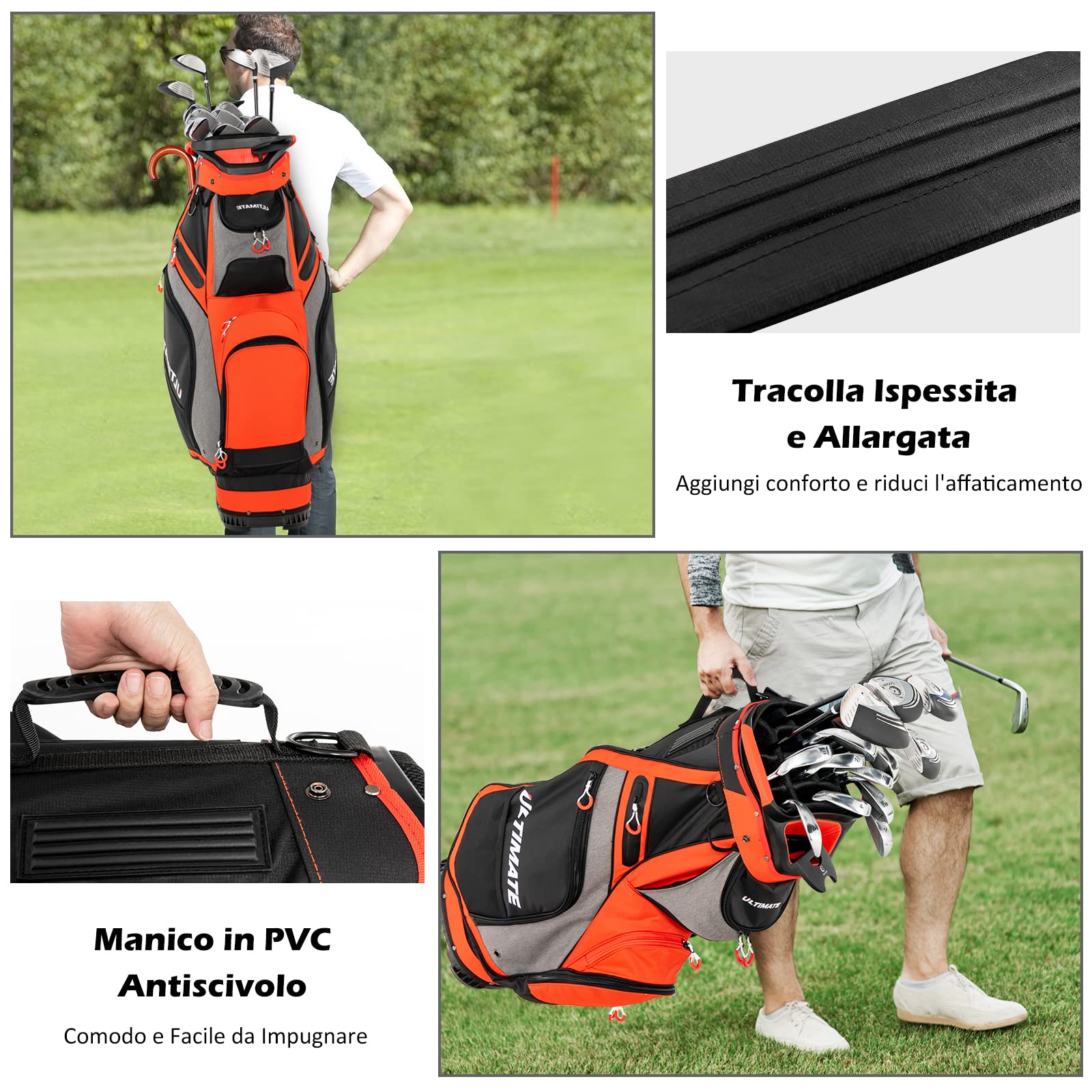 COSTWAY Borsa da Golf Portatile con 14 Divisori Superiori a Tutta Lunghezza, 7 Tasche con Cerniera, Cappuccio Antipioggia, Tracolla, Manico e Portaombrelli, Ideale per Uomini e Donne (Rosso e Grigio)