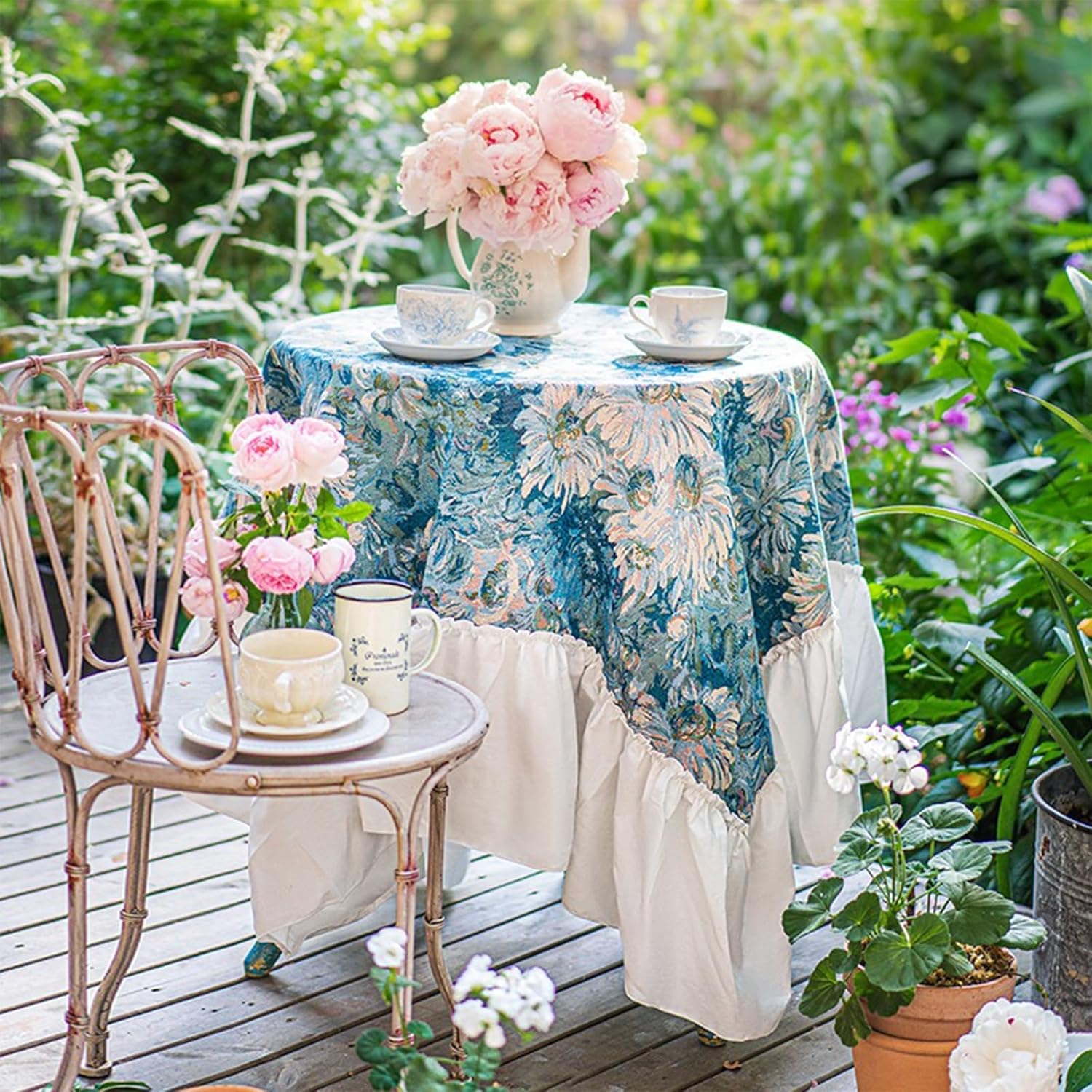 ボヘミアンテーブルクロス、ヴィンテージ刺繍花柄ブルーガーデンテーブルクロス、キッチンコーヒーウェディングダイニングテーブル用(150