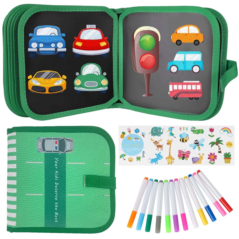 Qrytoi Erasable Doodle Set for Kids - Reusable Magic Drawing Book with 12 Watercolor Pens 14 Page Drawing, Road Trip Car Game Writing Painting Set for Boys and Girls (Traffic Light)
