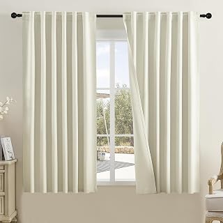 DUALIFE Back Tab Linen Beige Curtain Panels 63 Inches Long-Total Thermal Insulated Window Treatment Panels for Bedroom Nursery Hook Belt Rod Pocket 2 Panels Set50 Inch Width Ecru Cream Ivory