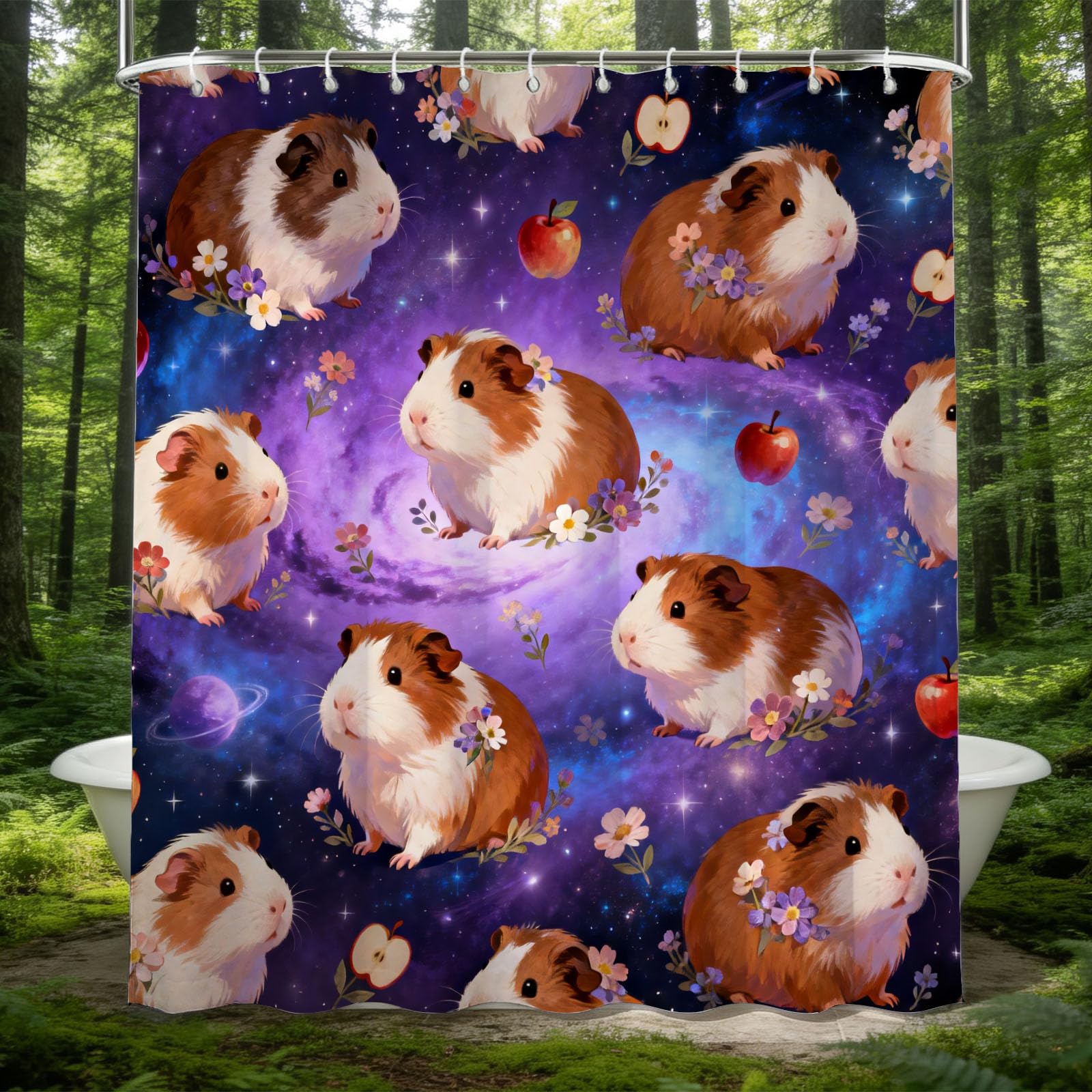 Hongduo White 3D Cute Cavy Funny Shower Curtain For Stalls Bathtubs Cosmic Starry Sky Bathroom Decor Shower Curtain Set Polyester Fabric Waterproof 180X200cm/71X79 Inch With Hooks