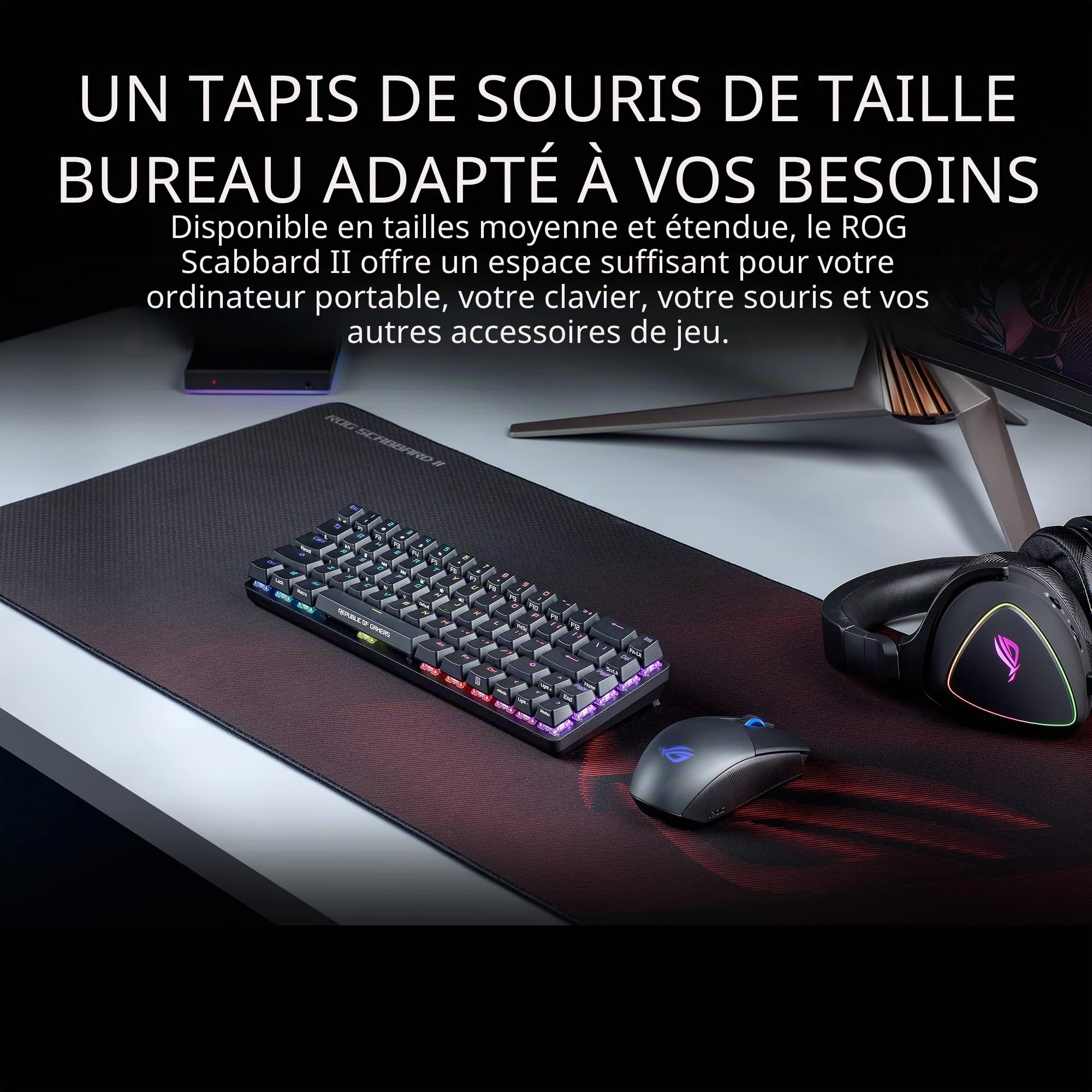 ASUS ROG Scabbard II Extended Gaming Mouse Pad | Nano Technology Smooth Glide Tracking | Revêtement de Protection pour l'eau, l'huile et la poussière | Bords Plats Anti-effilochage | Base en