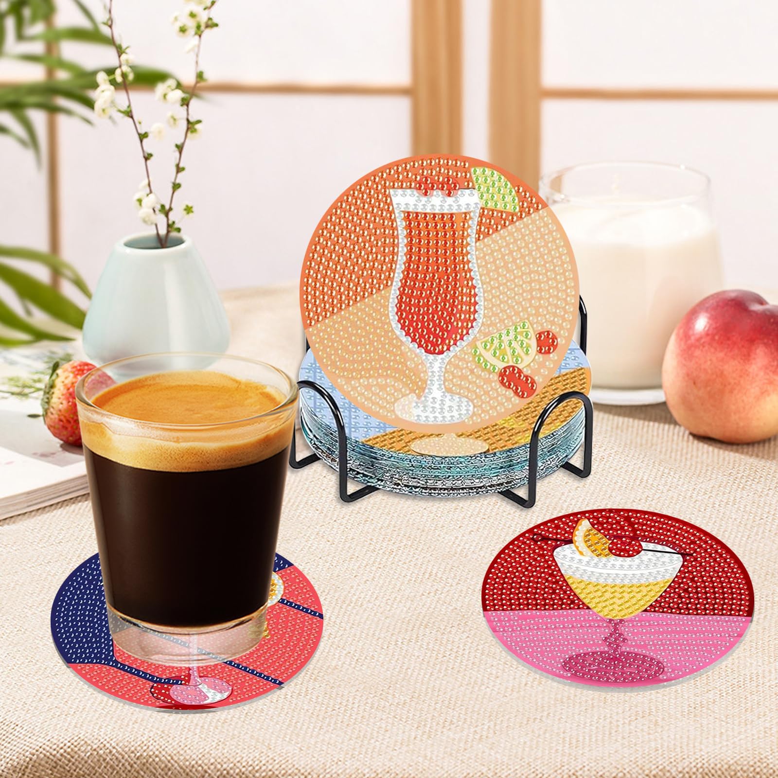 8 PCS Posavasos de Pintura Diamantes con Soporte, Posavasos de Diamantes, Posavasos de Arte de Diamantes con Estilo cóctel Antideslizantes Vasos para Bebidas de Bar, Principiantes, Adultos y Niños