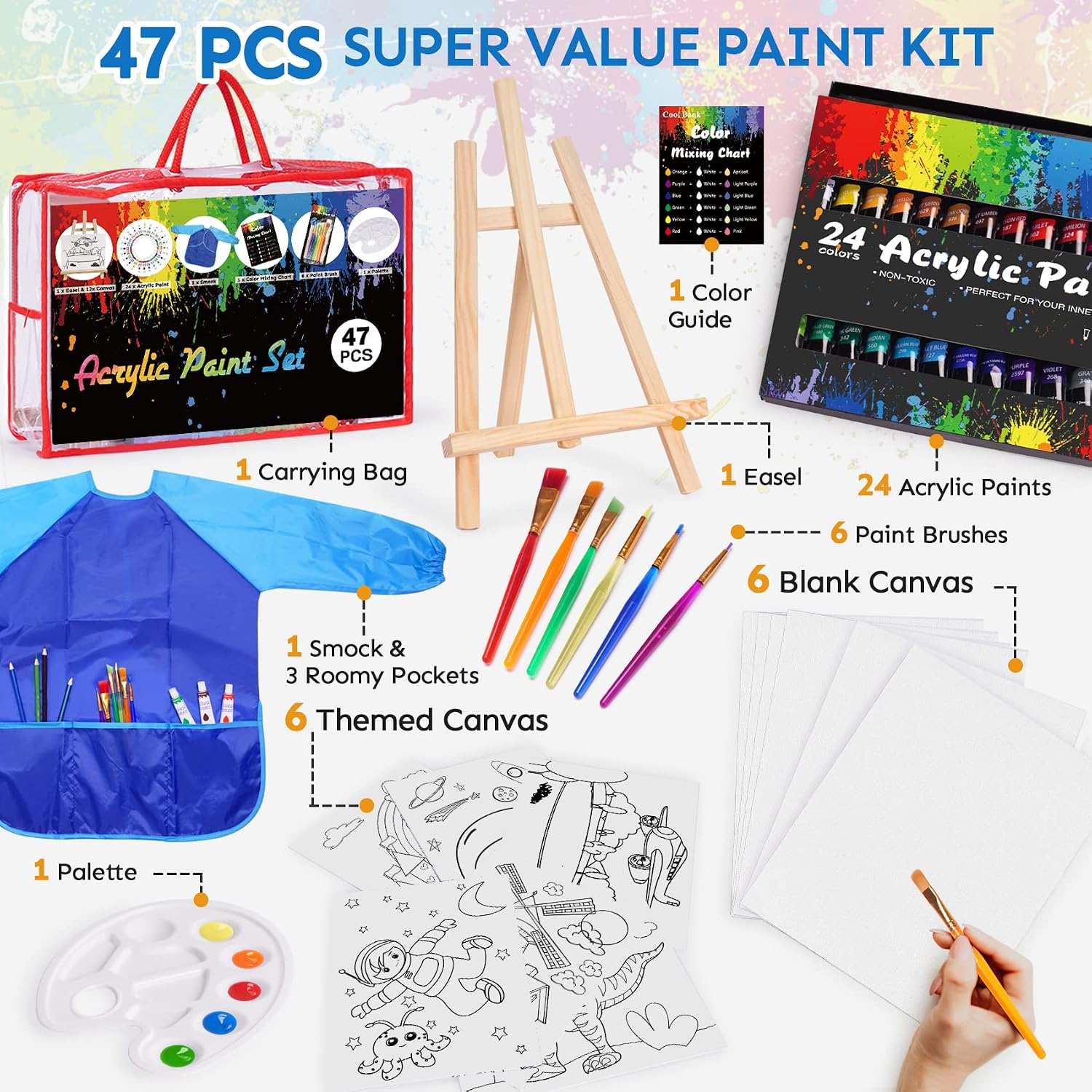 Paint Set, 47 Piece Art Set Paint Easel Includes 24 Non Toxic Paints, Table Top Easel,Art Smock,6 Paint Brushes,12 PCs 8x10 Canvas,Paint Palette,Art Set for Artists (Travel Bag Included)