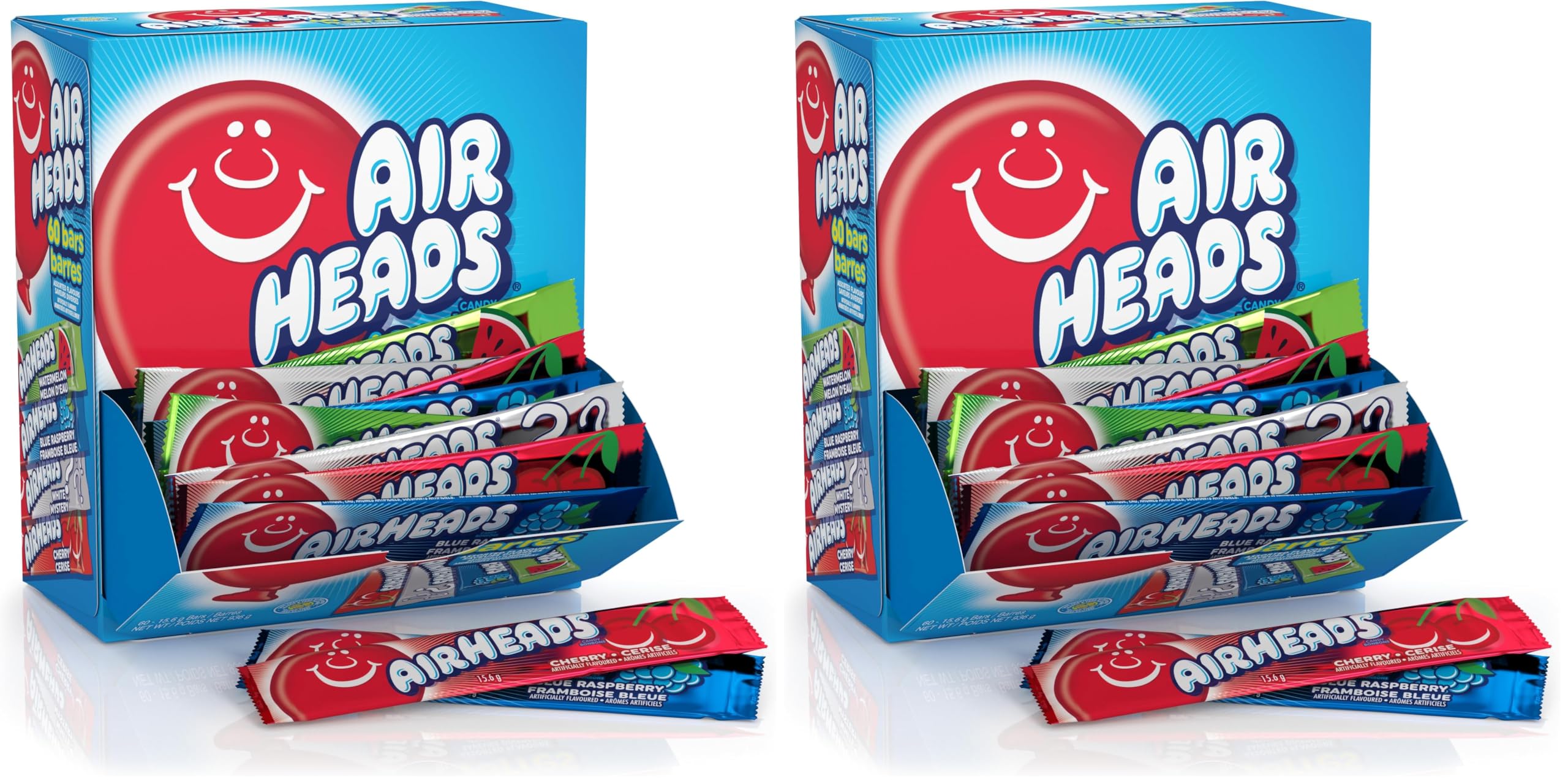 Airheads Candy Bars, Variety Bulk Box, Chewy Full Size Fruit Taffy, Gifts, Holiday, Parties, Concessions, Pantry, Non-Melting, Party, 60 Individually Wrapped Full Size Bars (Pack of 2)