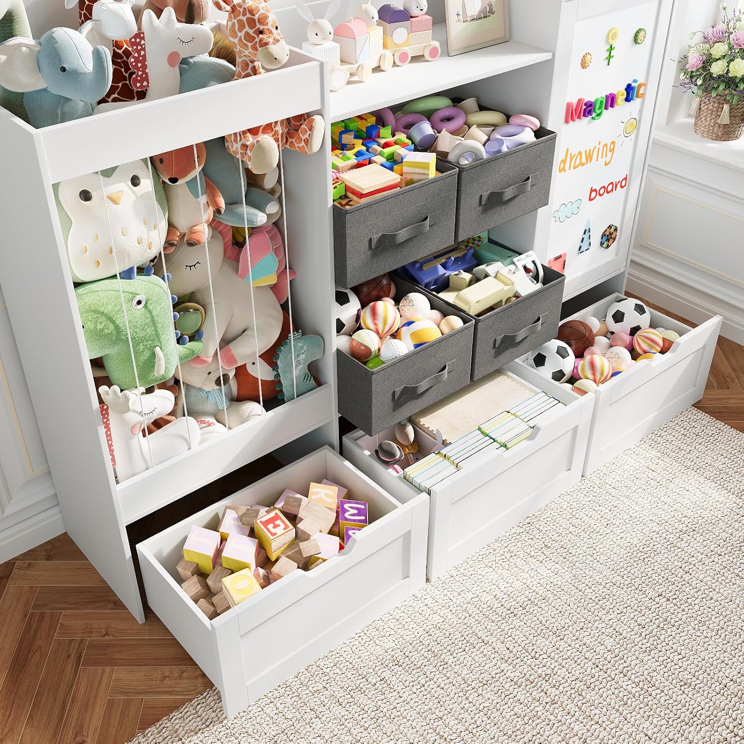 61" W Kids Toy Storage Organizer with Stuffed Animal Storage, 3 Movable Storage Drawers, 4 Removable Storage Bins, Wooden Bookshelf with Magnetic Drawing Board for Kids Room & Playroom, White