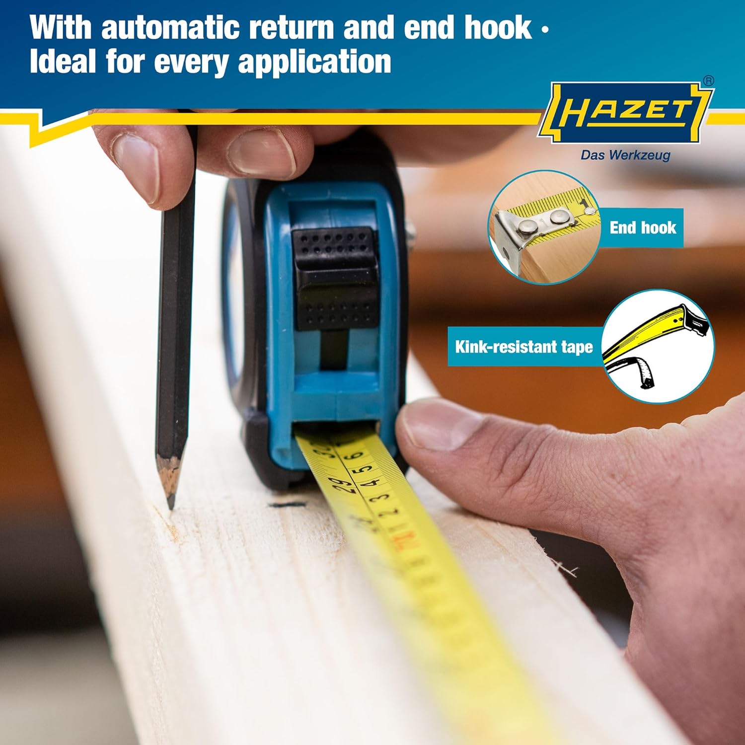 HAZET Tape Measure 2154N-2 I 2 Meter, 6.56 feet, Reduced kinking and Resistant Coating, Automatic retraction Due to Quality Spring and Double Tape Measure Marking