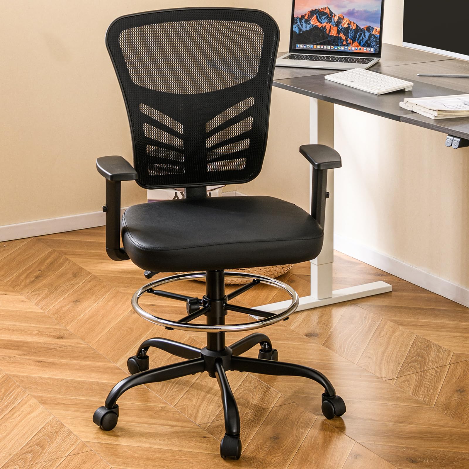 COSTWAY Arbeitsstuhl, Bürostuhl mit verstellbaren Armlehnen und Fußstütze, Sitzhöhe 54-75 cm, Hoher Drehstuhl, Computerstuhl, Schreibtischstuhl bis 150 kg Belastbar, Schwarz