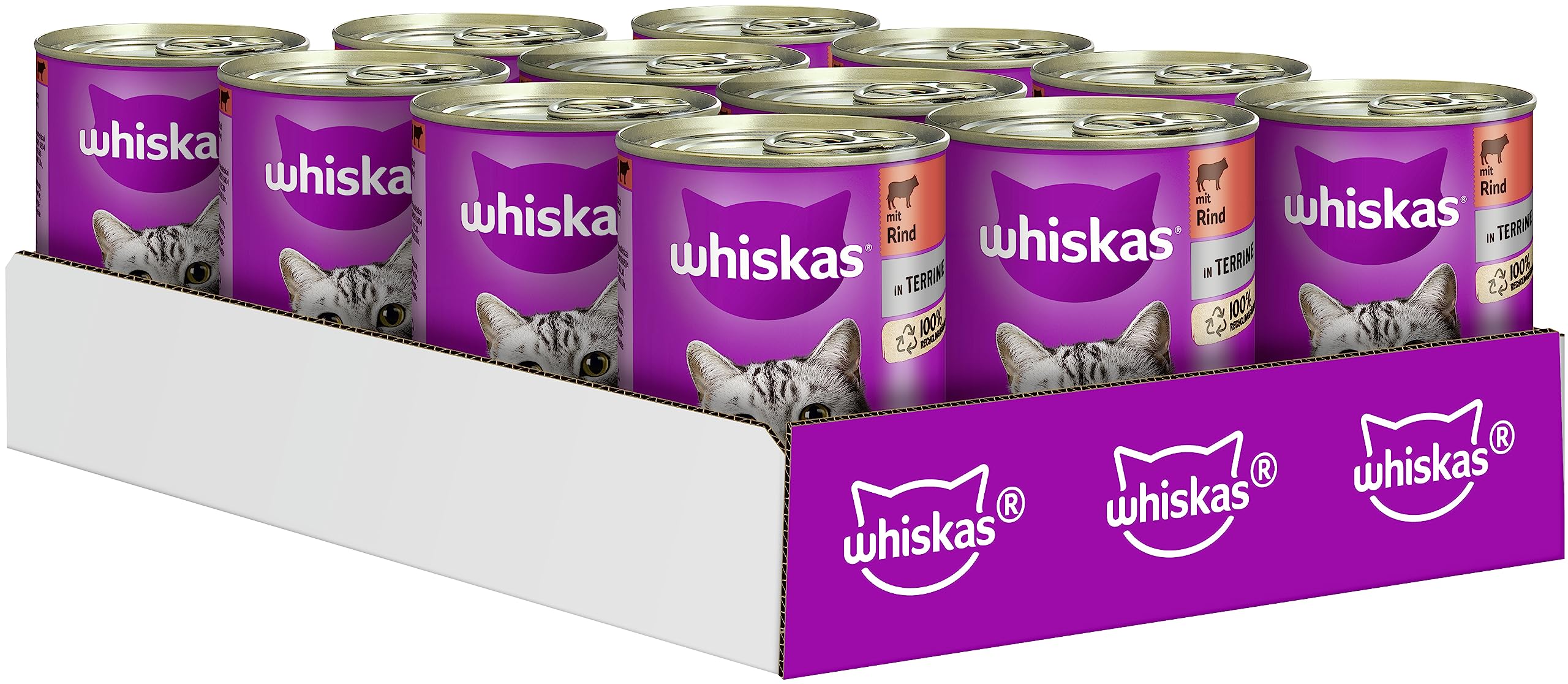 Whiskas Katzenfutter Nassfutter Adult 1+ mit Rind in Terrine, 12 Dosen (12 x 400g)