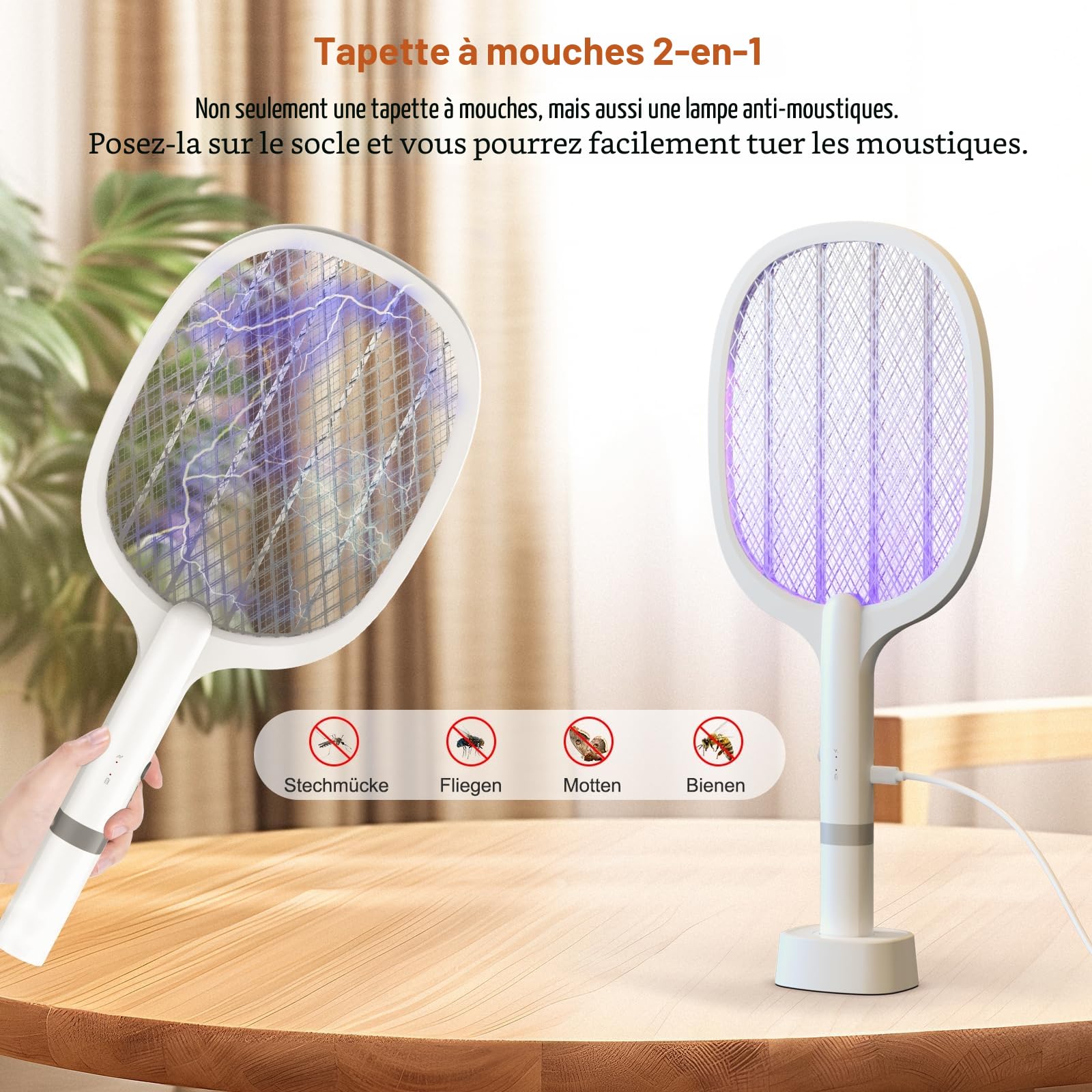 Raquette Electrique Insectes 5000V 2000 mAh Tapette à Mouches USB C 2 en 1 Anti-Moustiques
