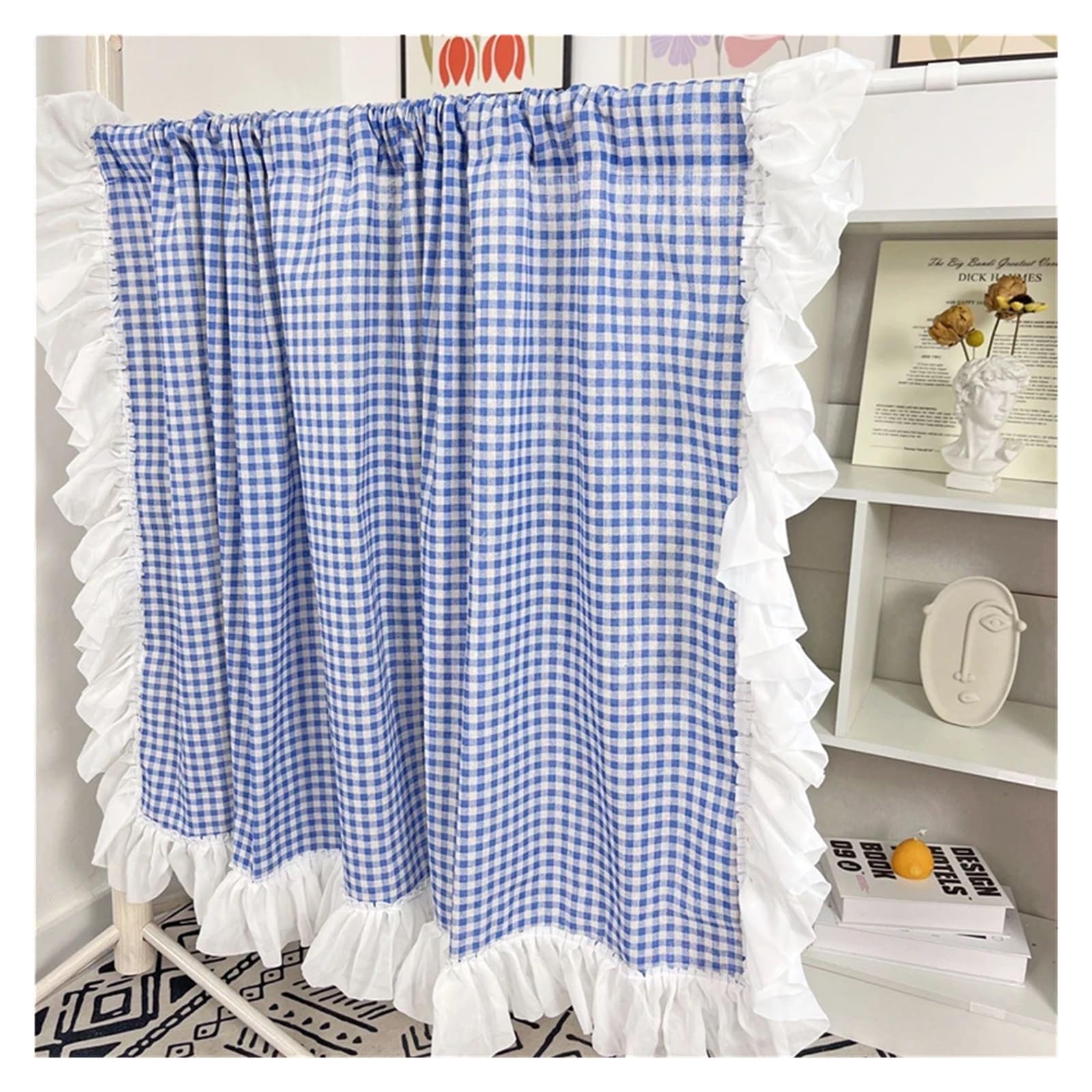 DFGRGRV Ruffle Curtains Sweet Lace Pink Plaid Short Curtains Rural Blue/Orange/Green Lattice Ruffles Half Cloth for Kitchen(Blue,W140 X H100 CM)