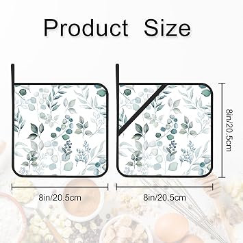 Pot Holder Set of 2,Sage Grey Green Leaves Kitchen Heat Resistant Potholder for BBQ Cooking Baking,Food Hot Pat for Women Men Kitchen Wear