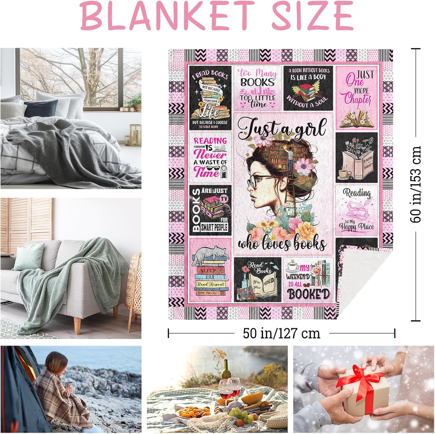 Just a Girl Who Loves Books Reading Blanket 60"X50", Gifts for Book Lover, Book Gifts for Women, Reader/Reading Gift for Books Lovers, Book's Blanket