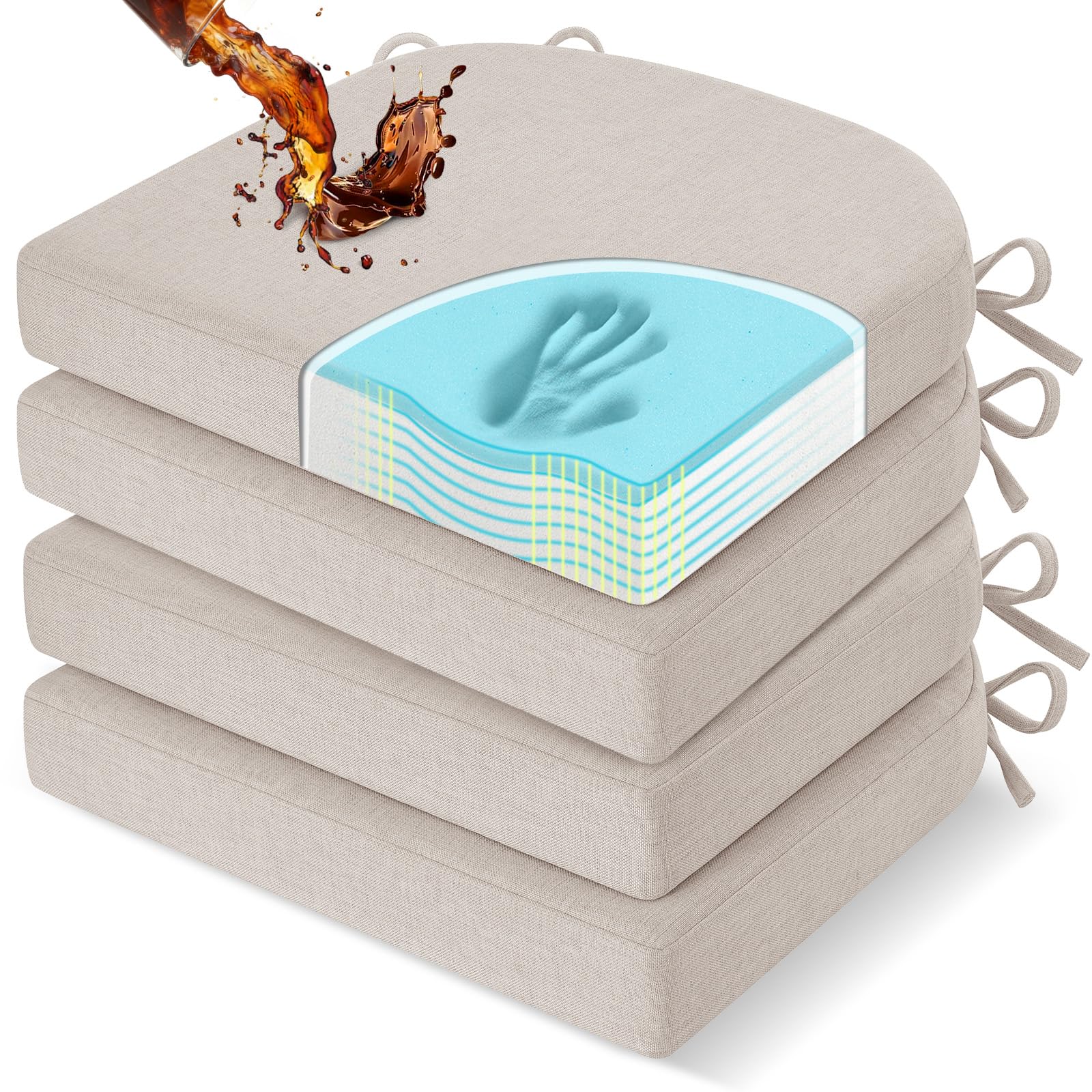 downluxe Chair Cushions for Dining Chairs, Memory Foam Linen Kitchen Chair Pads with Ties, Waterproof, Stain-Resistant and Washable Cover, 17" x 16" x 2.5", Beige, 4 Pack