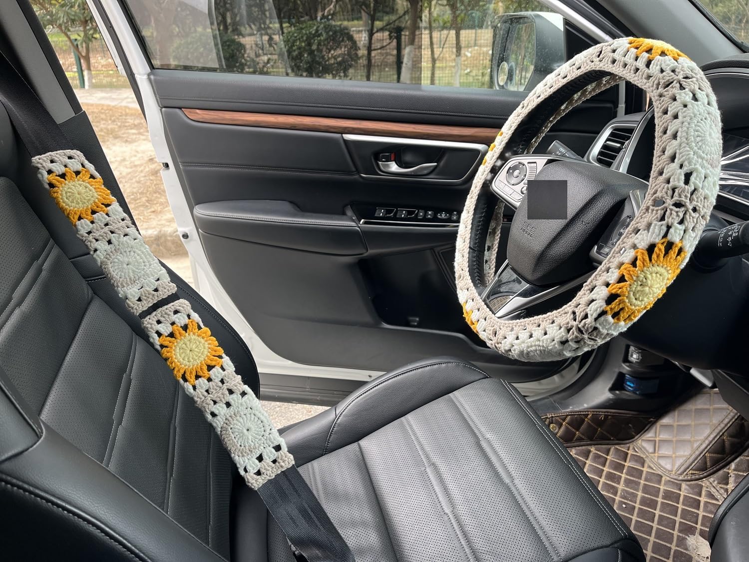 Handmade Crochet Sun Moon Car Steering Wheel Covers Universal 14-15 inch,Cute Steering Wheel Cover,Car Accessories (Wheel Cover+2belt Cover+2Coaster+Hanging)