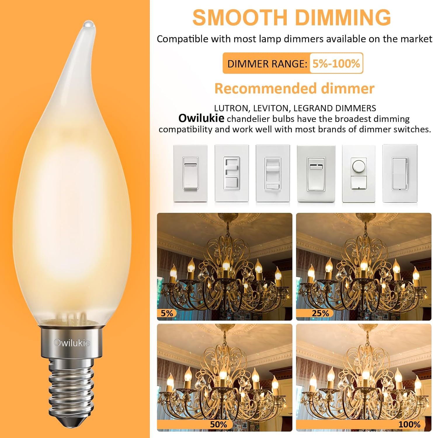 Chandelier Frosted Light Bulbs 6W (60W Equivalent), Candelabra Candle E12 LED Bulb Type B Soft Warm White Color 2700k,Dimmable for Dining Room,Light Fixture,Chandelier,15 Pack