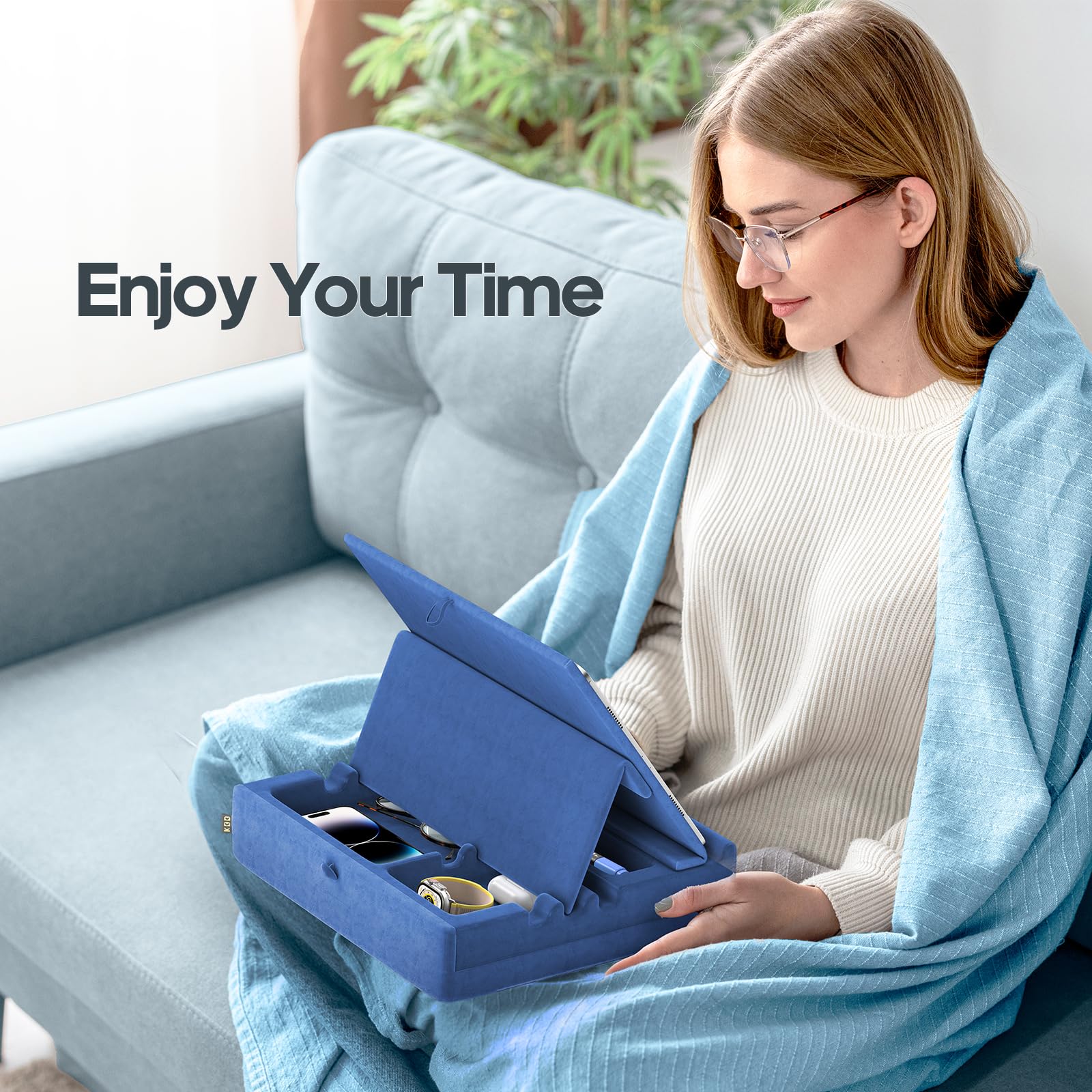 KDD Support Livre avec Rangement, Coussin Porte de Livres à Angles Multiples, Coussin Tablette pour Genoux, Lit et Canapé, Support Tablette Pliable avec Organisation pour ipad, Lecteur, Bleu