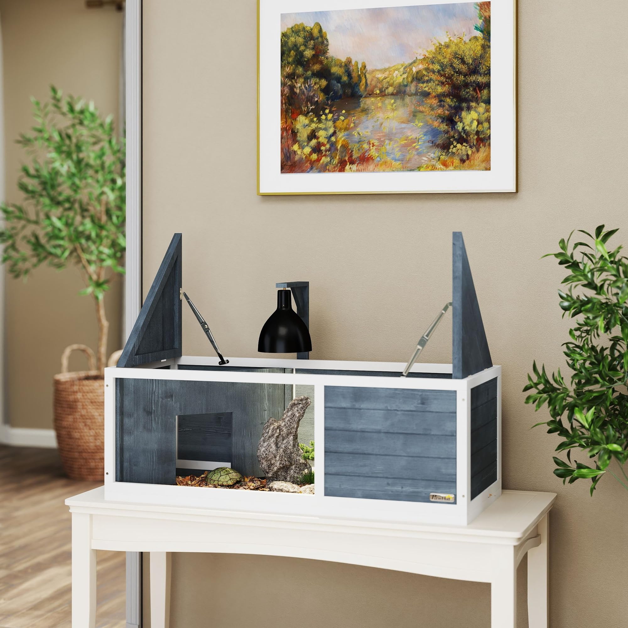 PawHut Casa per tartarughe XL 120 cm - terrario per tartarughe terrestri in legno, 2 nicchie con tetto apribile e area giochi aperta - recinto con supporto per lampada e finestra panoramica, grigio