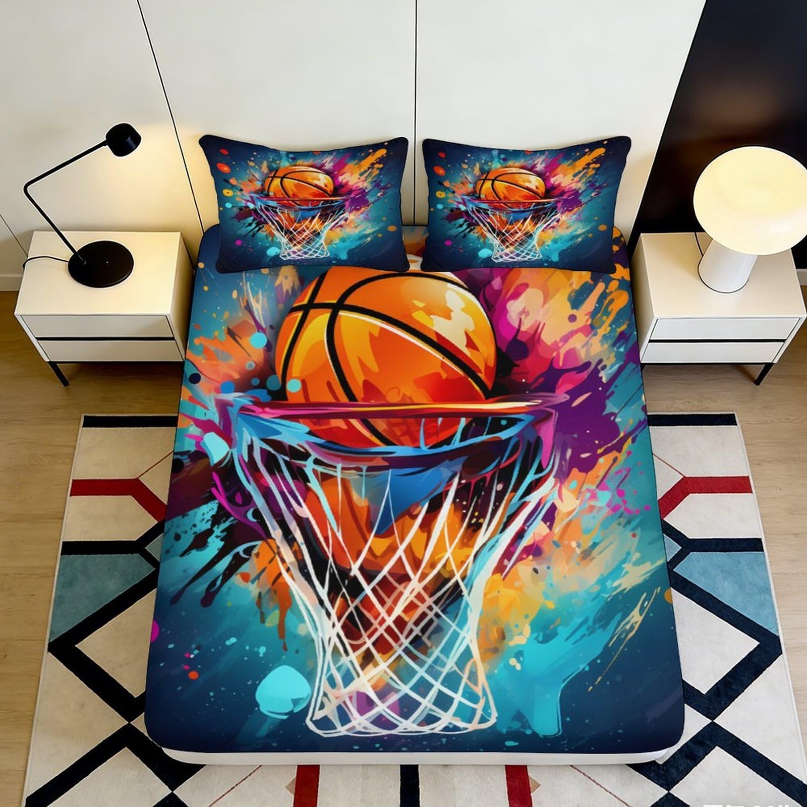 Pnayamiorkfel Style-1 3D Printed Basketball Splash Fitted Sheet Microfiber Colourful Hoop Bed Cover For Bedroom Dorm Easy Care Decor 90X200x25cm