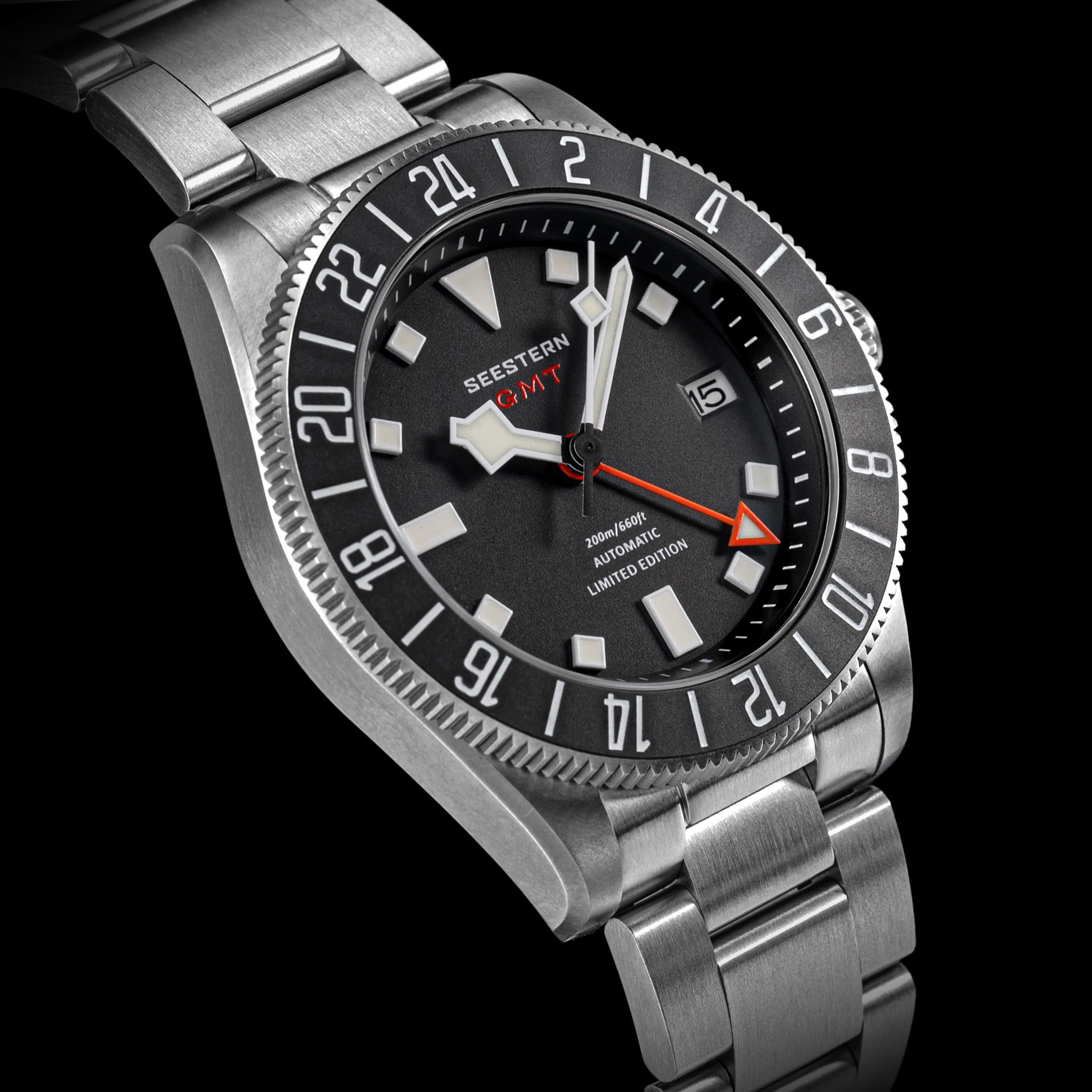 Titanium GMT S462.K, wasserdichte Sportuhr, automatisch, mechanische Herren-Taucheruhr, 200 m, Schwarz, Sport
