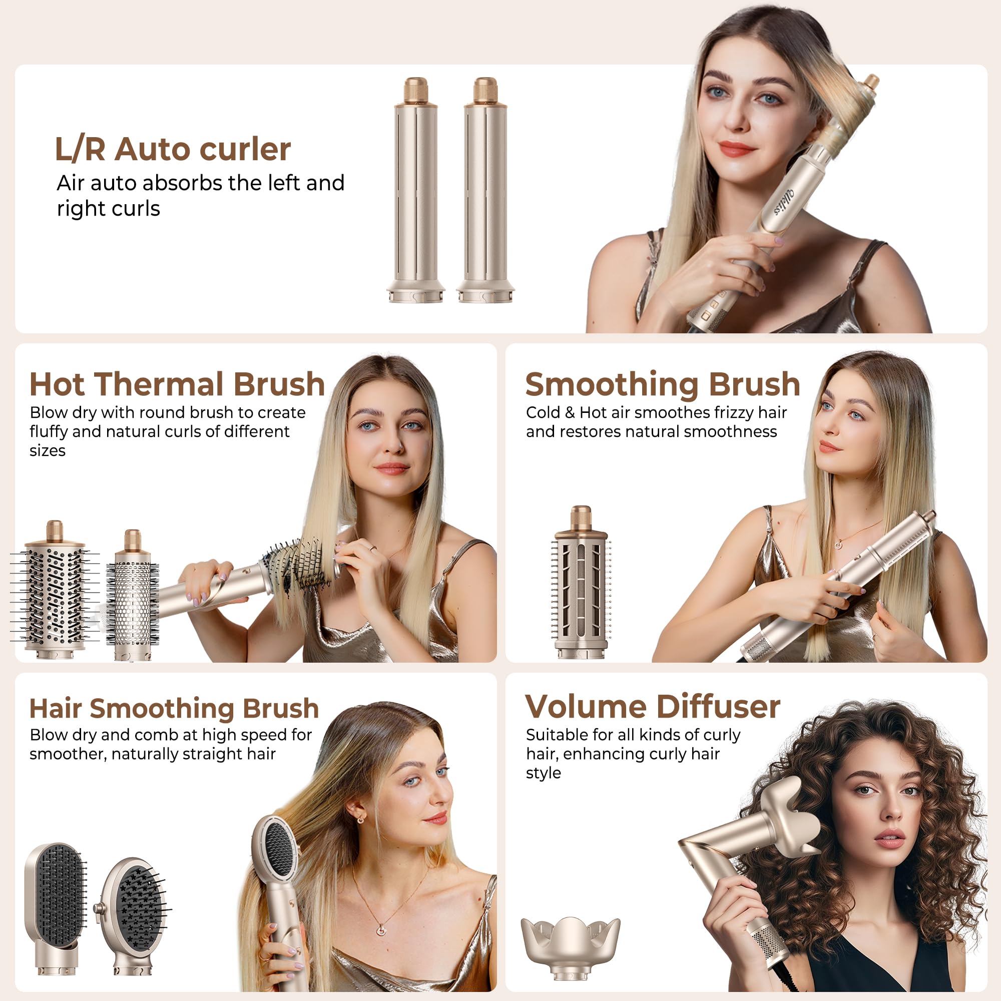 UKLISS Pro Airstyler Hairstyler Juego 8 en 1, secador de pelo de iones de alta velocidad, cepillo con flujo de aire automático, rizador, alisador, cepillo de volumen y antiencrespamiento, secado