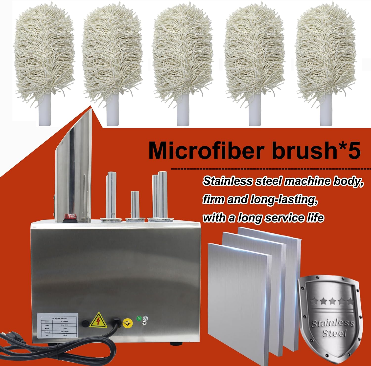 Wine Glass Polisher Machine Electric Glass Wiping Machine with 5 Microfiber Brushes Commercial Automatic Red Wine Glass Cup Cleaning Machine 25 cups/min Wine Glass Polishing Machine 110V
