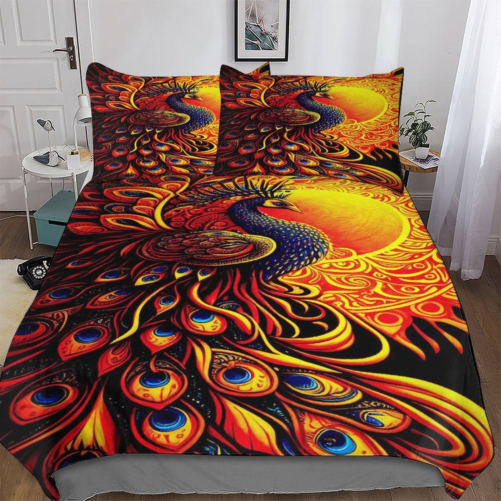 Housse de couette paon 3D zippée en microfibre douce anti-plis pour grand lit