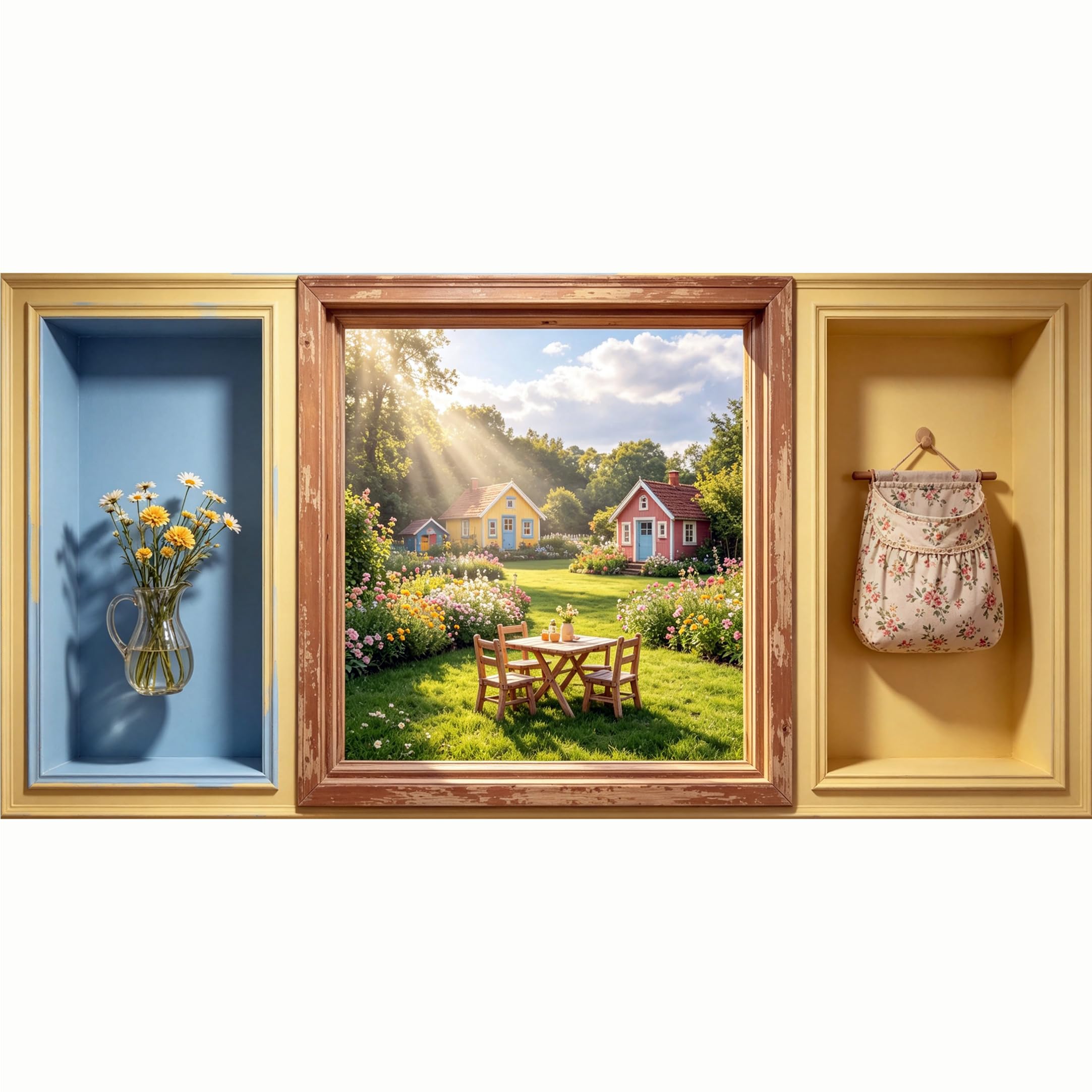 QZLITHOTIC 50x100cm 3D Framed Wall Art， Farmhouse Garden Landscape Cottage SelfAdhesive Mural， WaterActivated Peel & Stick Fabric Decor Wall Decal for Bedroom Living Room