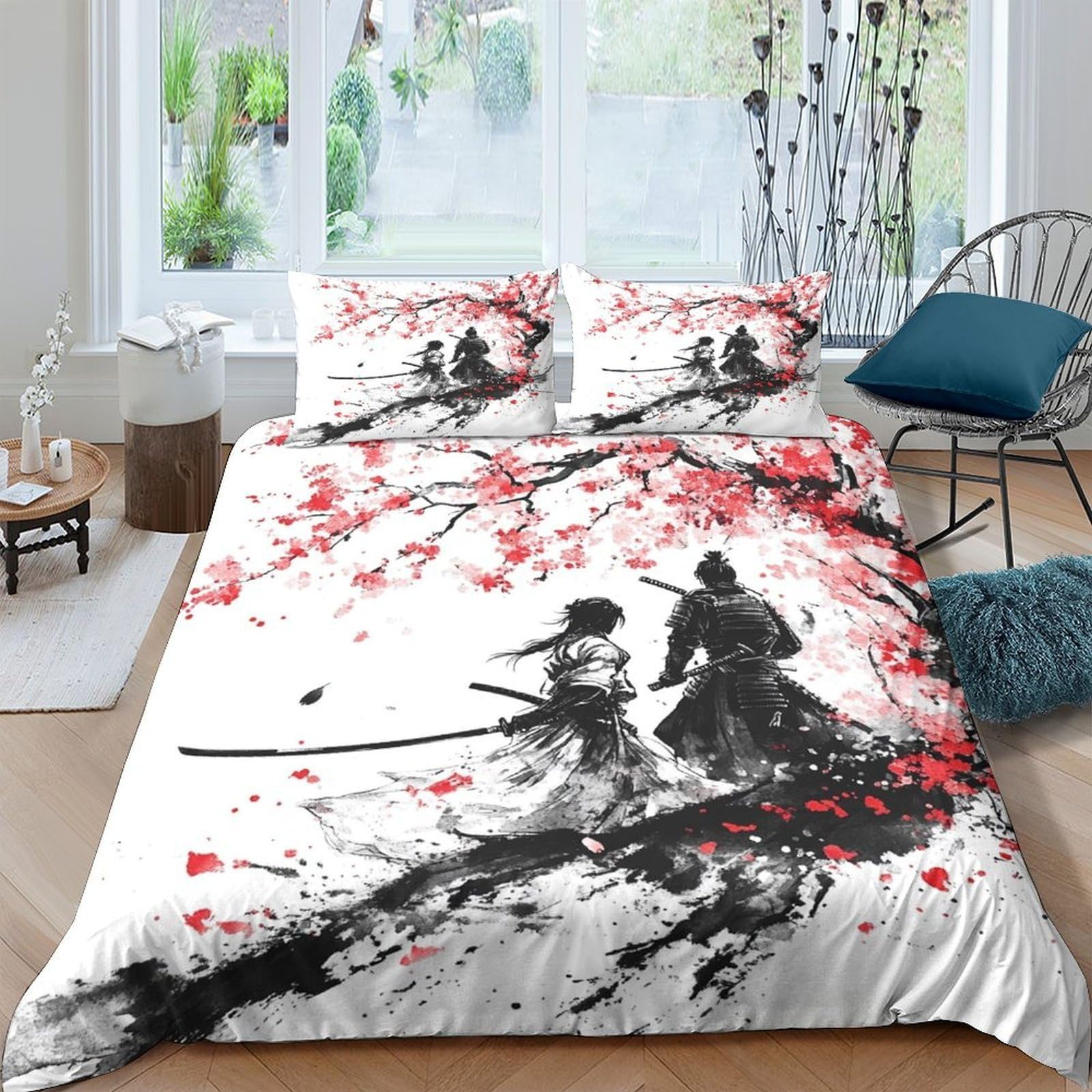 Ctjqhvkz Style-4 3D Printed Samurai Ink Fitted Sheet Microfiber Soft Breathable Cherry Blossom Mattress Cover For Bedroom Guest Room Decor Single（135X200cm）