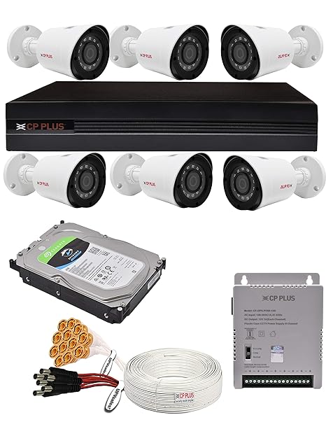 CP Plus 2.4MP 6 Camera Combo Set with 8Ch Latest H.265+ 1080P DVR, 6 Bullet Cameras, 2TB HDD, Power Supply, 90Mtr Cable, Audio Mic and Connectors