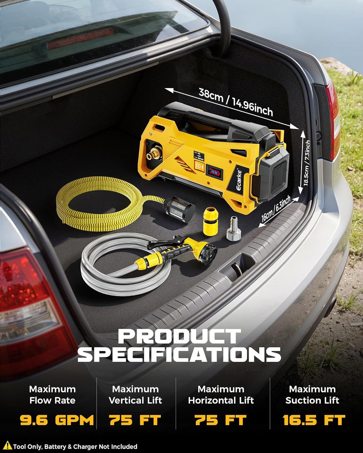 Ecarke Water Transfer Pump 9.6GPM Compatible with Dewalt 20V Battery (Tool Only), Cordless Battery Powered Pond Pumps, Portable Self-Priming Water Pump for RV, Tank, Pool Draining, Garden Watering