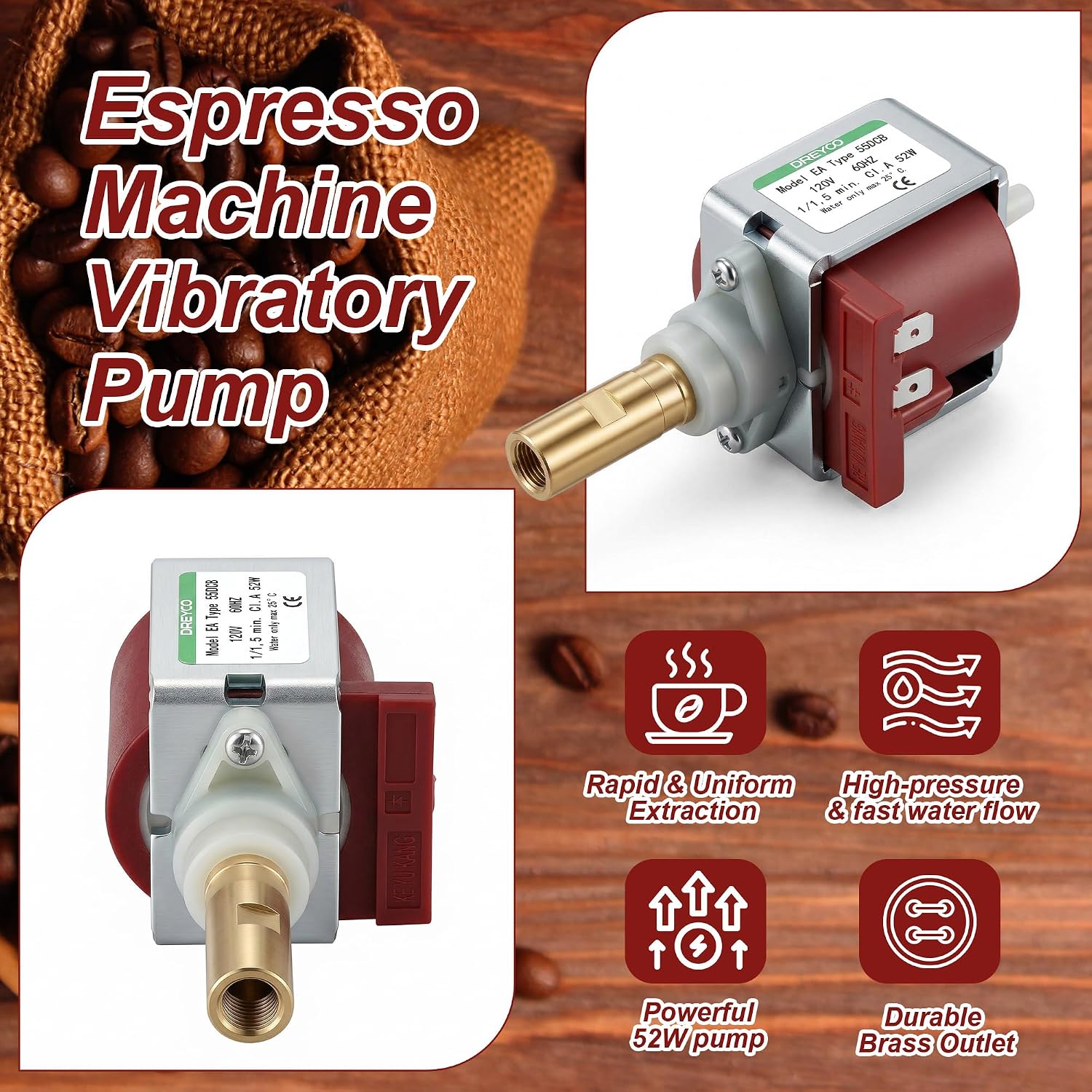 Dreyoo 52w Espresso Machine Vibratory Pump Replacement, 120V 60Hz Coffee Machine Water Pump, Brass Outlet, Compatible with Multiple Espresso Machines, Compatible with ULKA EAX5
