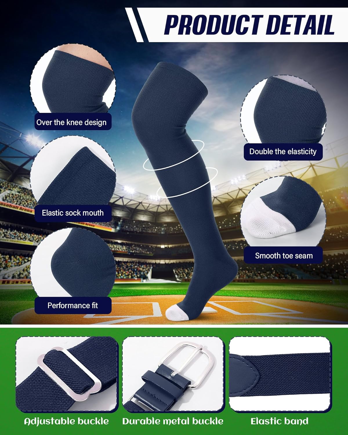 Jeyiour High Football Socks and Belt Set Sport over the Knee Baseball Softball Soccer Socks Extra Long for Women Men Adult - Image 2