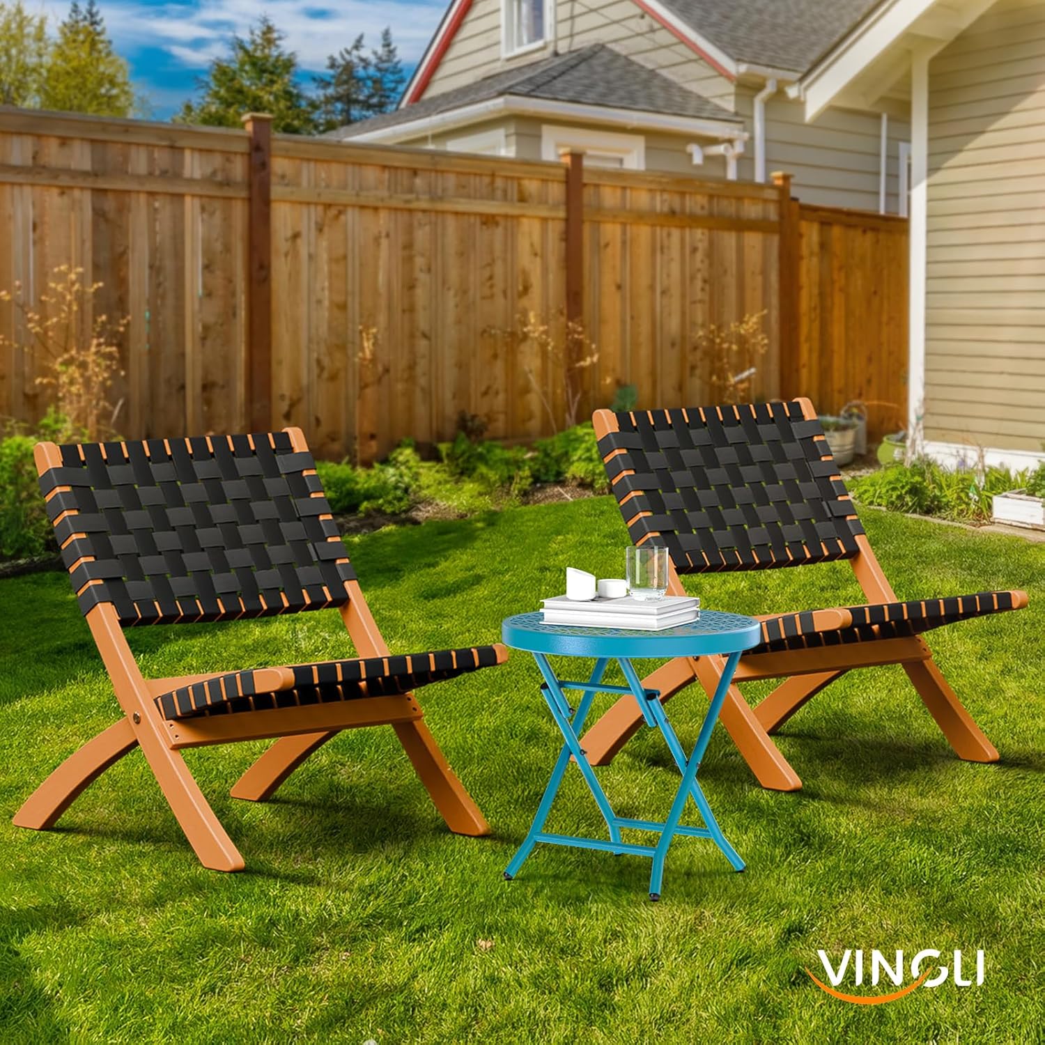 VINGLI Patio Folding Side Table, Small Outdoor Table with Everlasting Floral Pattern and Sturdy X-Shaped Metal Frame Ideal for Indoor & Outdoor Balcony, Porch, Backyard, Deck, Blue, 1 Pack