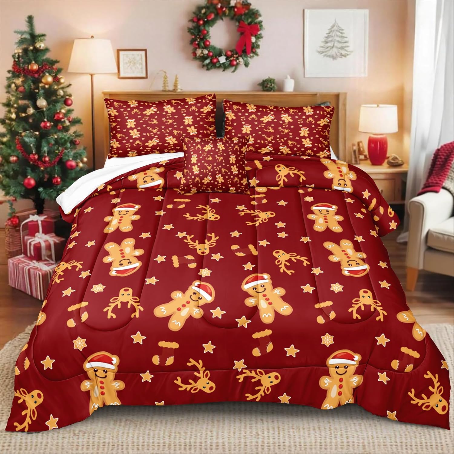 Bedbay Cartoon Christmas Bedding Set  Red and Gold Christmas Gingerbread Stars Elks Comforter Happy New Year Xmas Theme Quilt Set for Boys Girls Teen