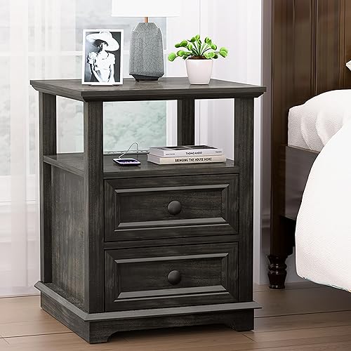 REDAYFUR Mesita de noche de 18 pulgadas con estación de carga, mesa auxiliar doble de carga rápida de 18 W, mesita de noche grande de 18 pulgadas