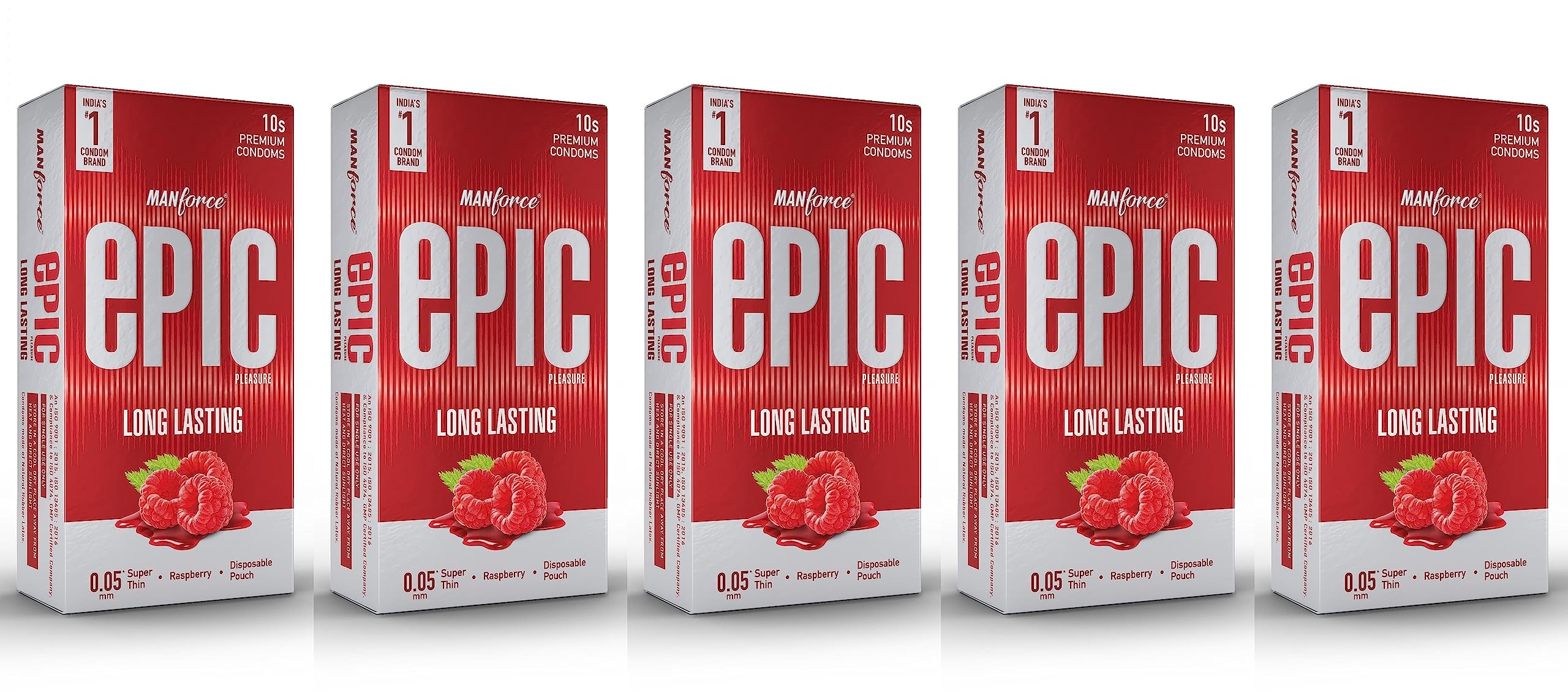 Manforce Epic Pleasure Long Lasting Premium Condoms for Men, Super Thin, Raspberry Flavour, Disposable Pouch (10 Counts) x Pack of 5