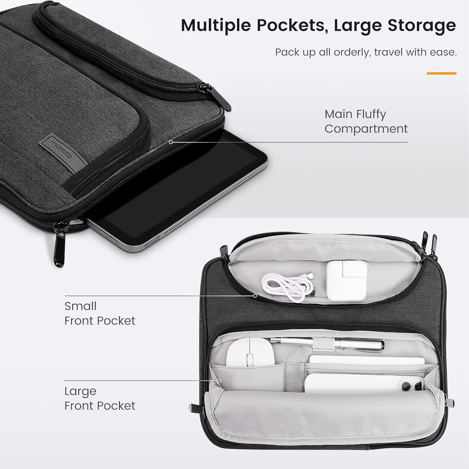MoKo 9-11 Inch Tablet Sleeve Bag, Fits iPad Air 5/4th 10.9, iPad Pro 11 Inch, iPad 9/8th 10.2, iPad 10th 10.9, Tab S8/S9 11",Waterproof Polyester Bag with Double Pockets,Retractable Handle, Black&Gray - Image 4
