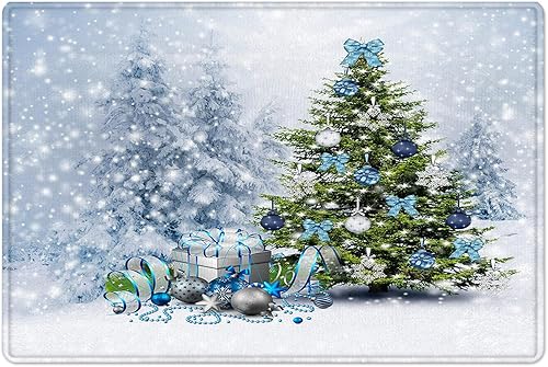 Miniatura 2 de Juego de cortina de ducha con diseño de árbol de pino de Navidad, color azul, plateado, con diseño de bolas de Navidad, con lazo, bosque, nieve,