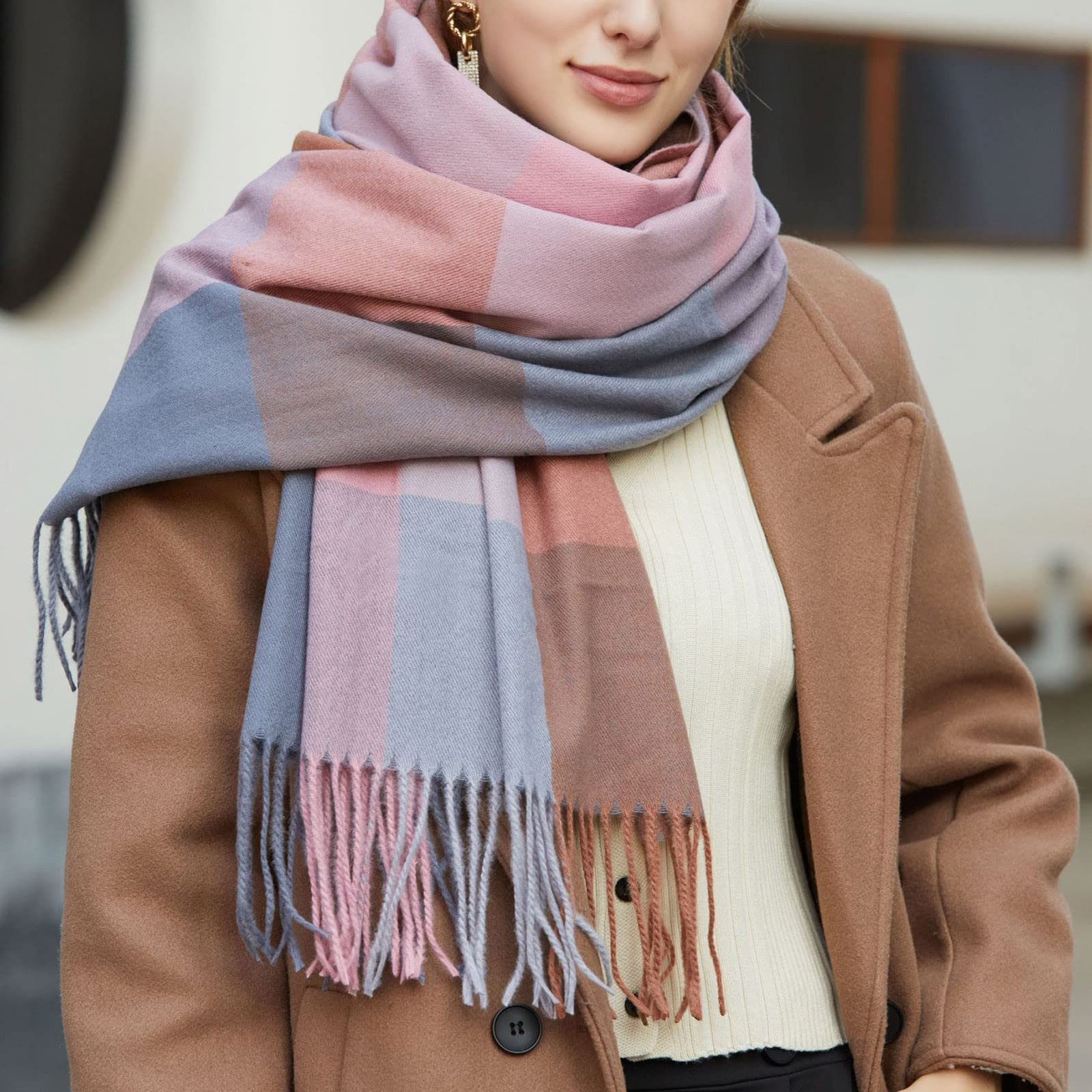 YOLAI Lady Women's Plaid Scarves Classic Tassel Scarf Winter Warm