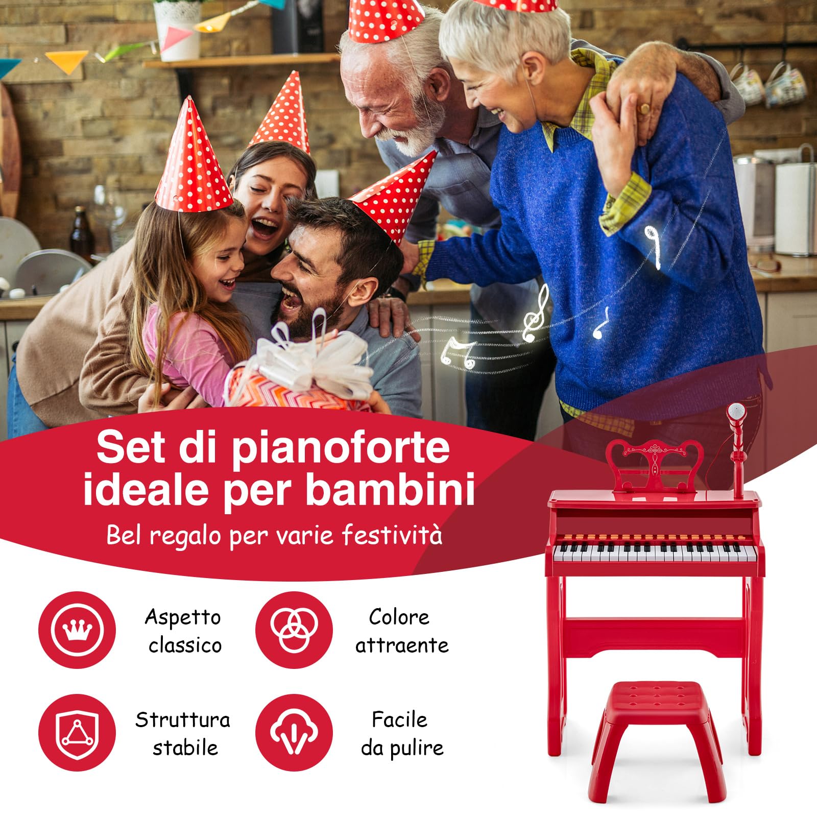 COSTWAY Set Pianoforte Elettrica a 37 Tasti, Tastiera Digitale con Microfono Regolabile, Supporto Rimovibile, Funzioni di Record e Playback, Pianoforte Giocattolo per Bambini 3+Anni (Rosso)