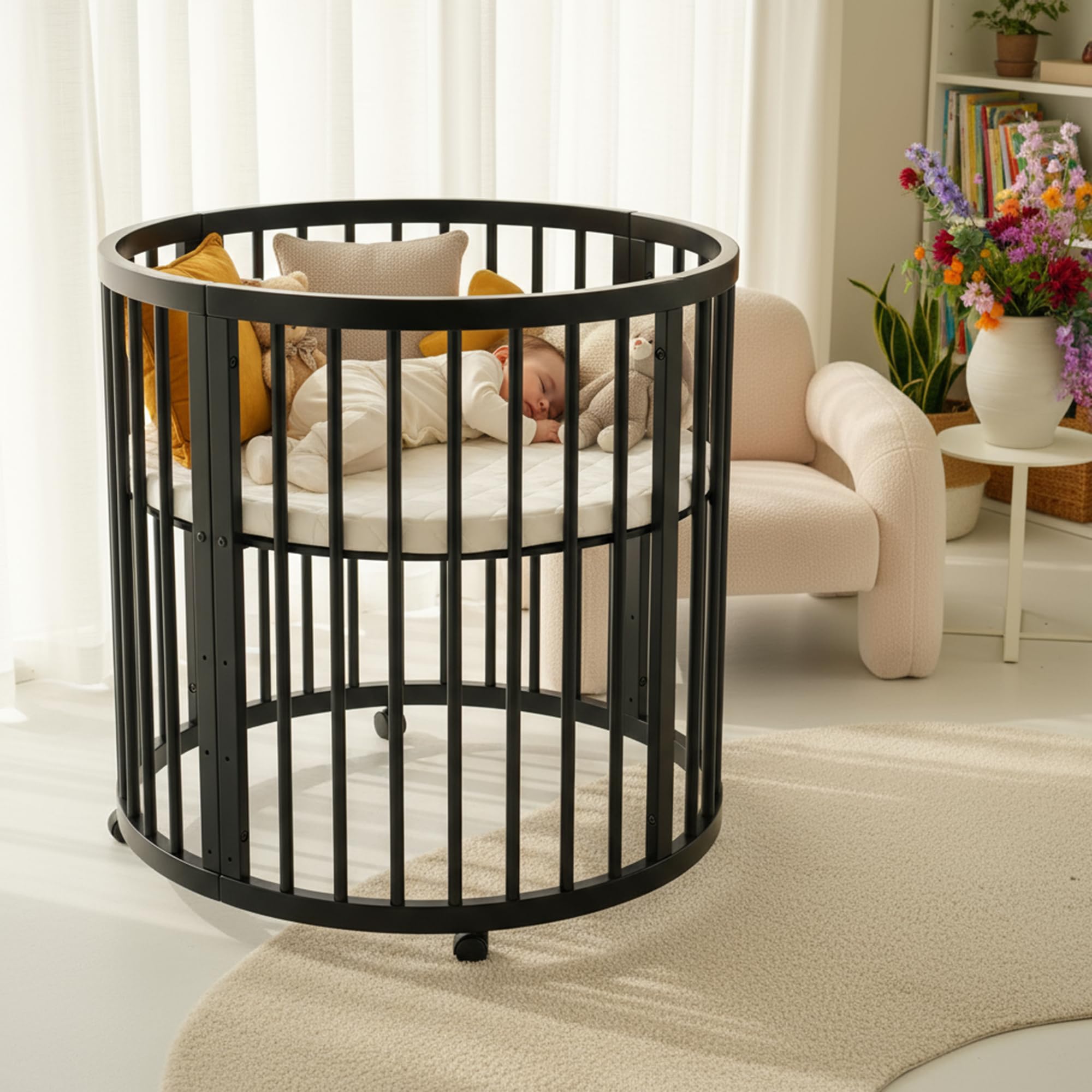 Deryan Willow Spielbox rund – Holz Laufstall für Babys – Inkl. Matratze – Schwarze Baby Playpen – Sicherer Indoor Spielplatz aus Holz - Schwarz