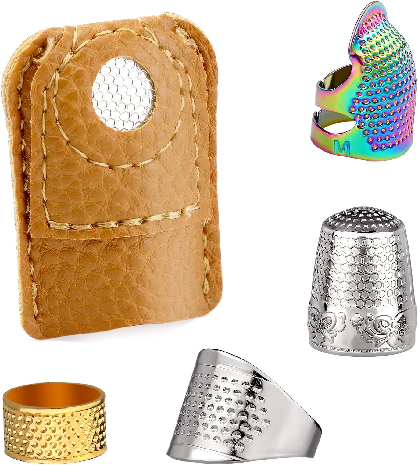 LUNARM5 Pieces Sewing Thimbles, Metal Color Sewing Thimble Finger Protector,Leather Coin Thimbles for Hand Sewing Knitting Needle Craft,DIY Sewing Tools,Embroidery Craft Accessories