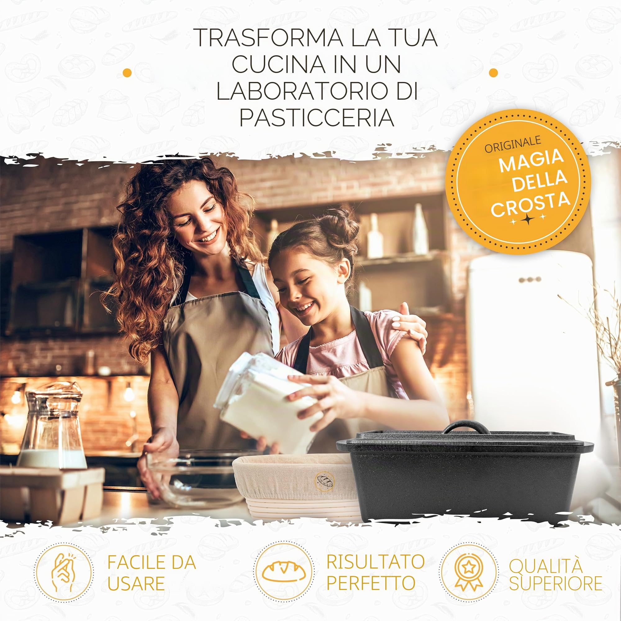 KRUSTENZAUBER Stampo per pane con coperchio incluso cestello per lievitazione - Robusta teglia da 28 cm in ghisa - Ideale come stampo per casse, stampo per pane tostato, forma per pane, accessorio per